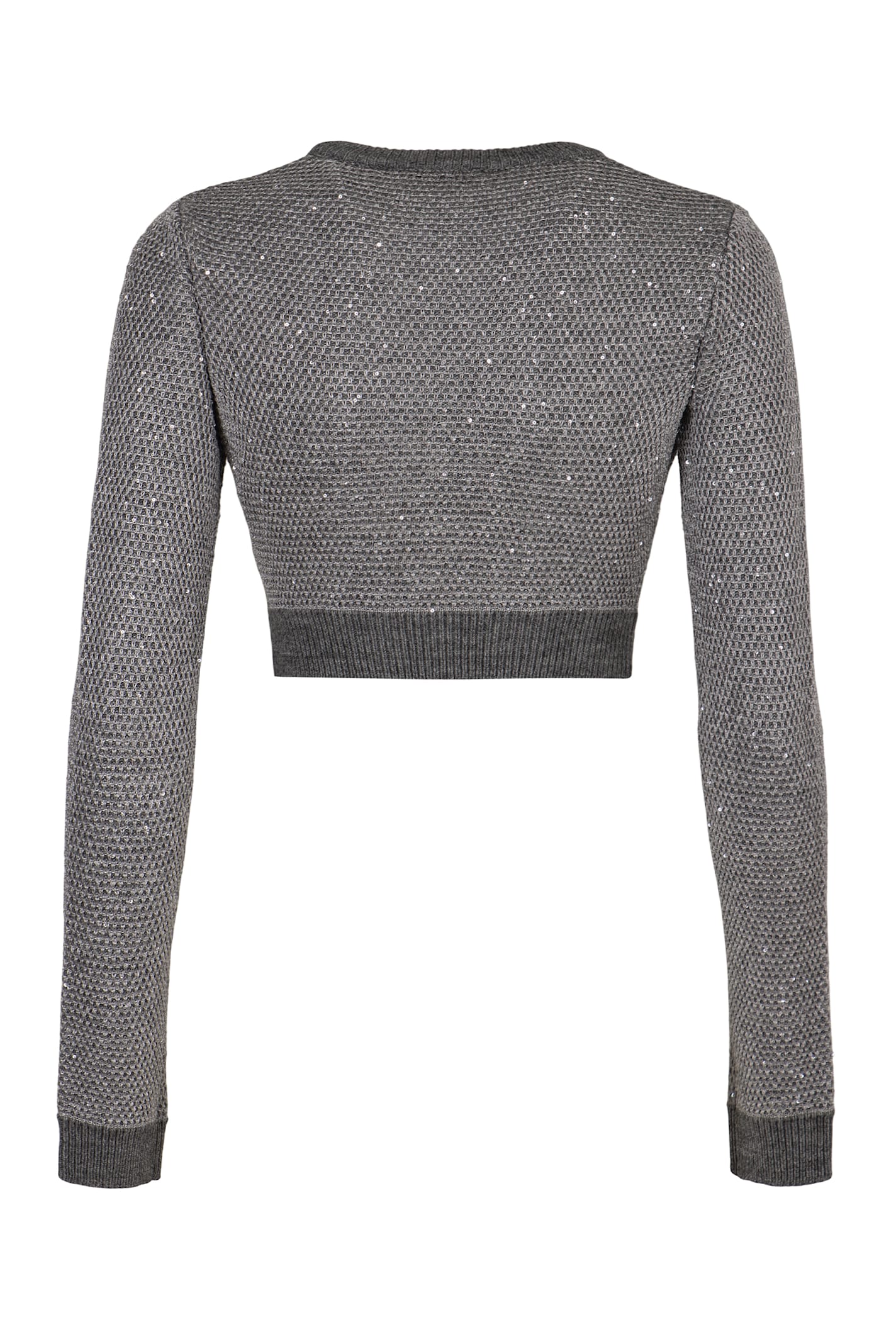 Elisabetta Franchi Cropped Grey Melange Sequin Sweater With Jewel Buttons In Gray