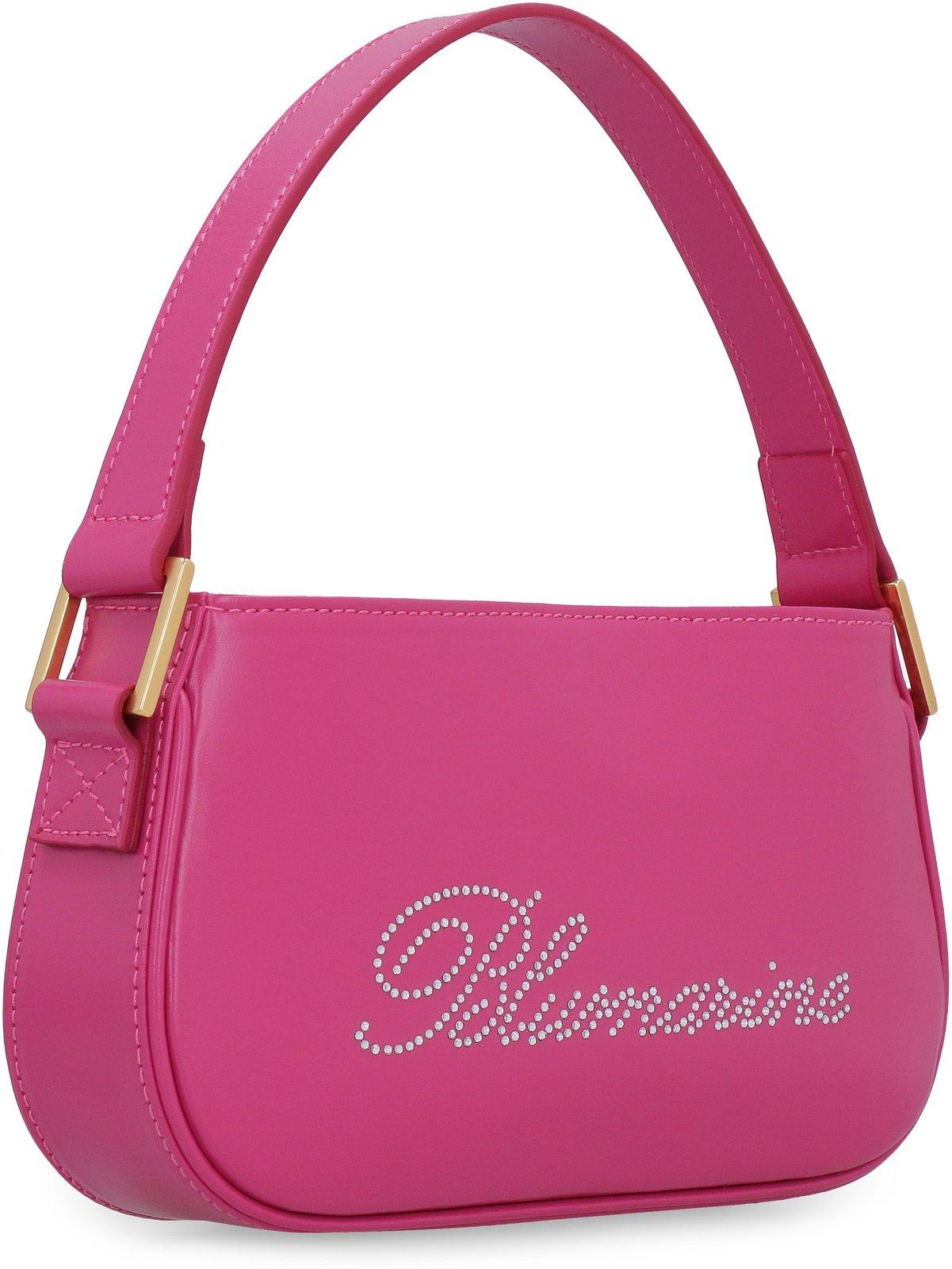 Shop Blumarine Logo Rhinestone Embellished Shoulder Bag In White