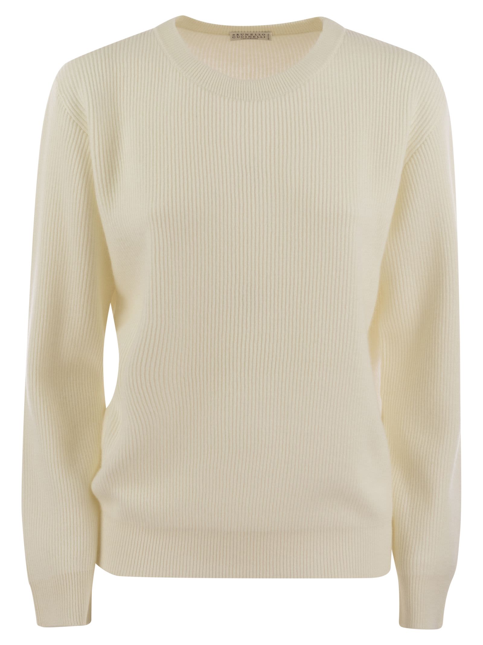 Shop Brunello Cucinelli English Rib Cashmere Sweater With Monile In Cream