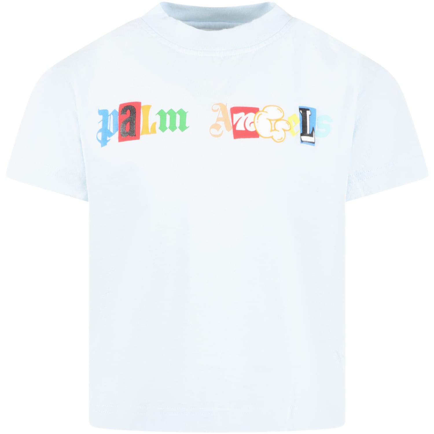 Palm Angels Light-blue T-shirt For Boy With Multicolor Logo