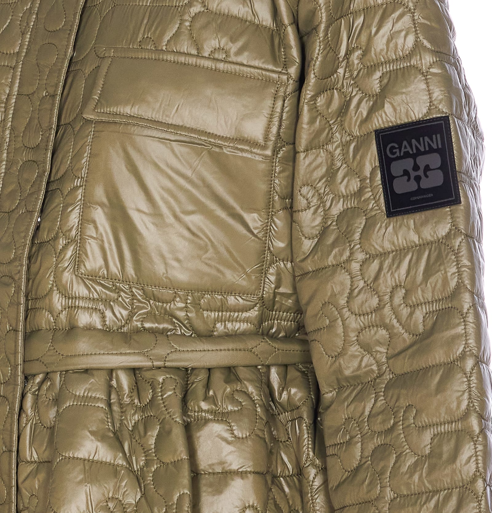 Ganni Shiny Quilt Midi Jacket In Green