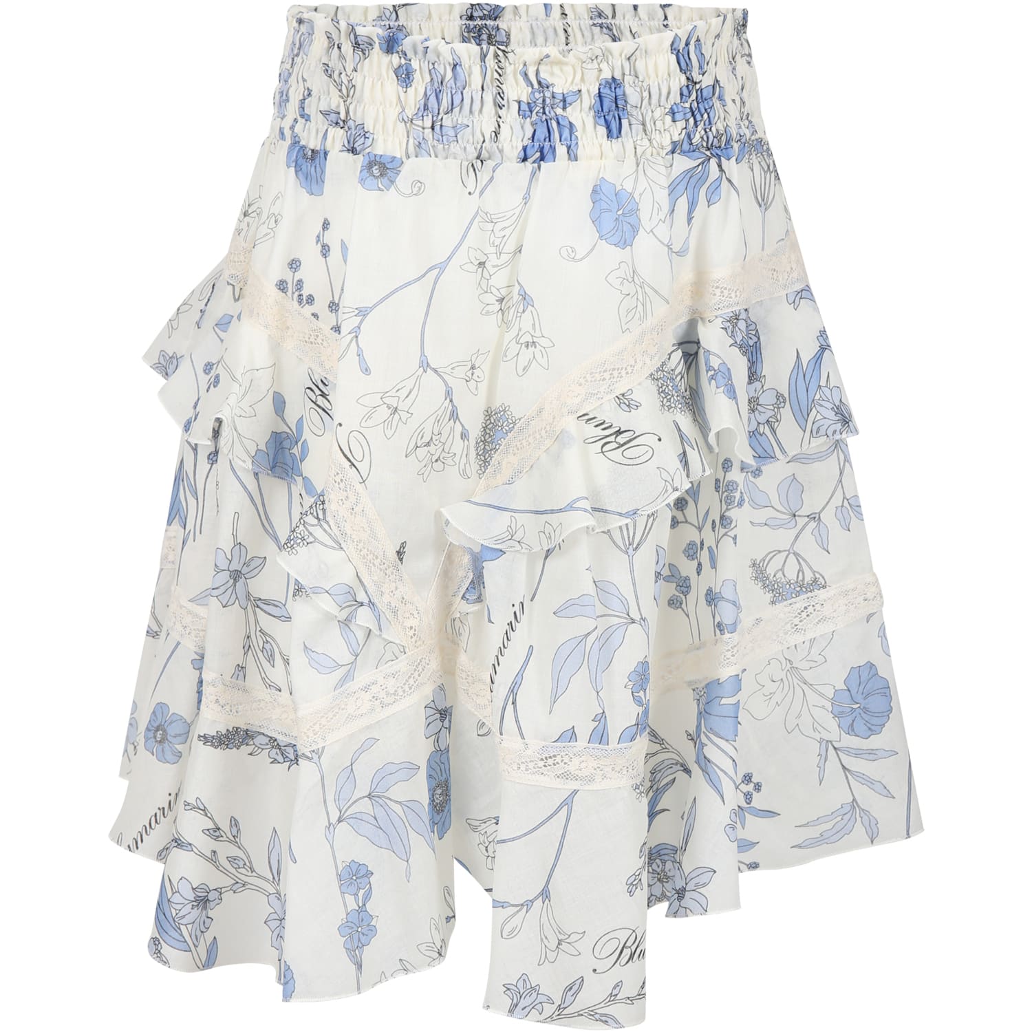 Blumarine Kids' White Skirt For Girl With Floral Print And Logo