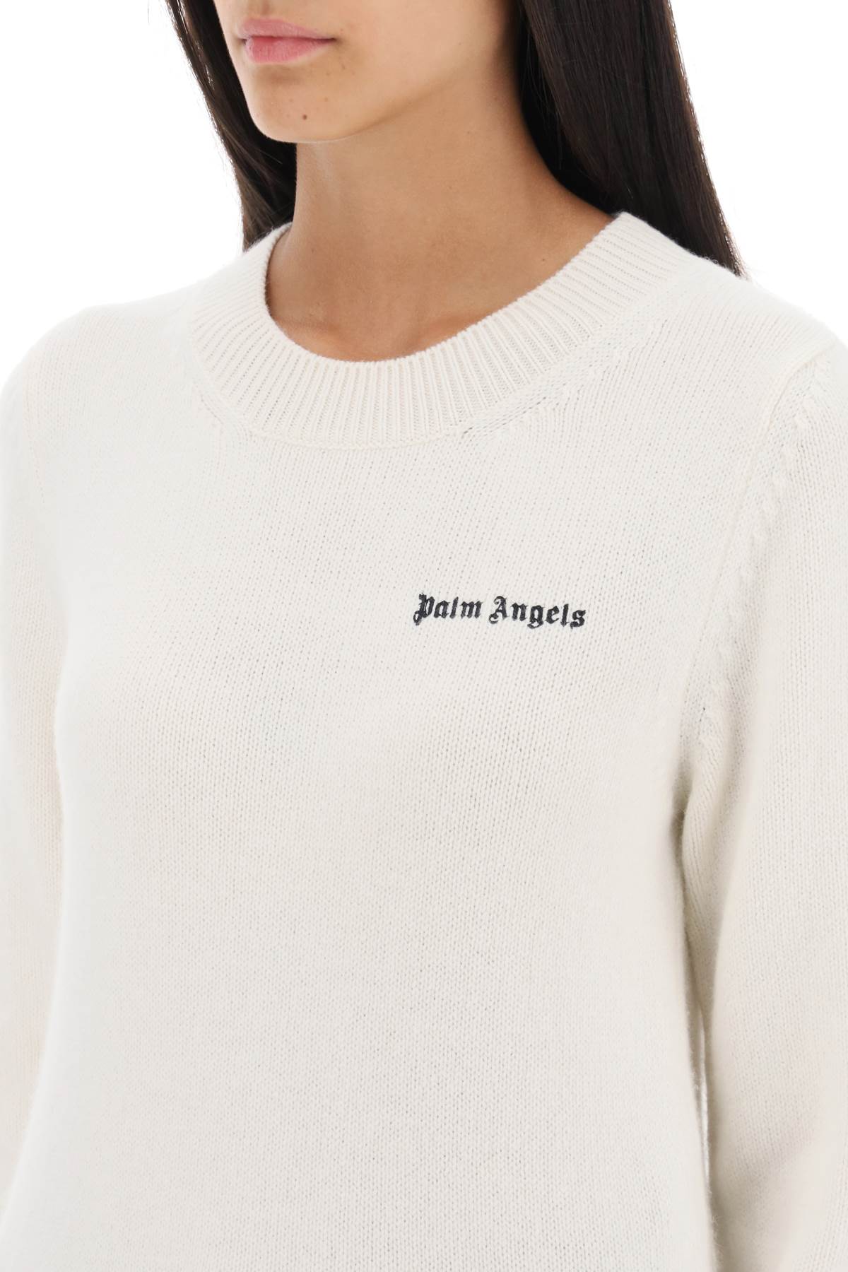 Shop Palm Angels Cropped Sweater With Logo Embroidery In Butter Black (white)
