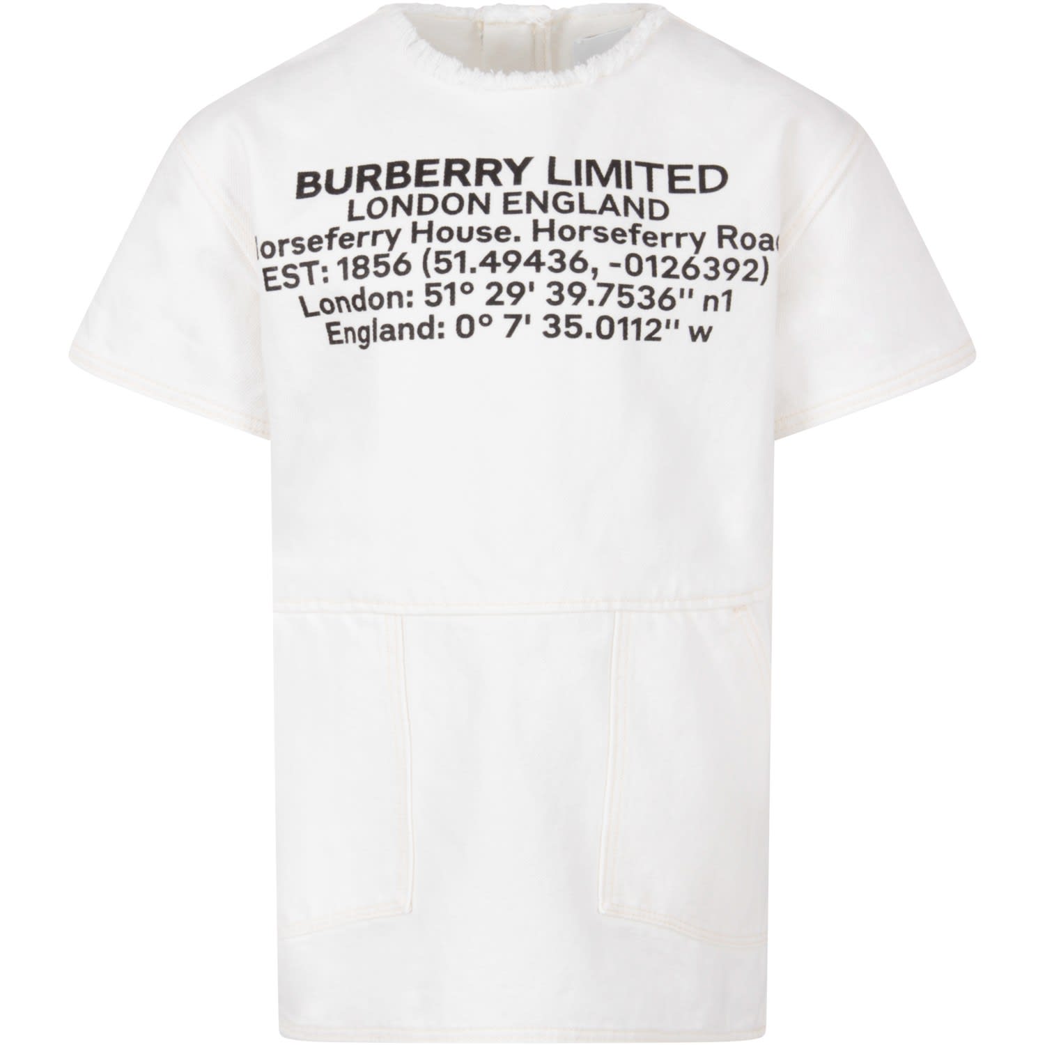 Burberry White Dress For Girl With Black Logo