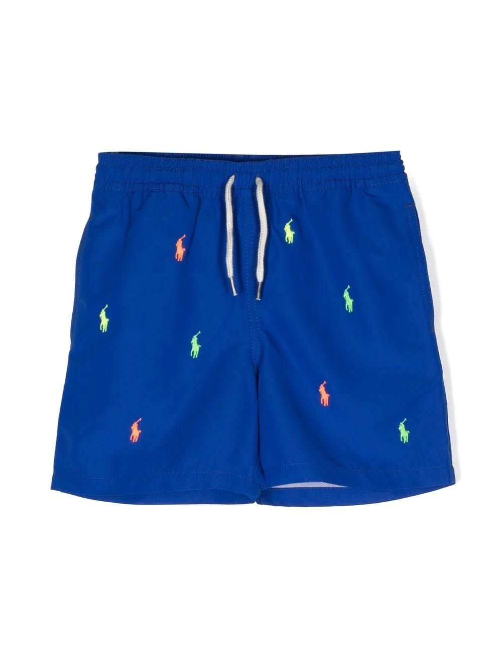 RALPH LAUREN BLUE SWIM SHORTS WITH ALL-OVER PONY