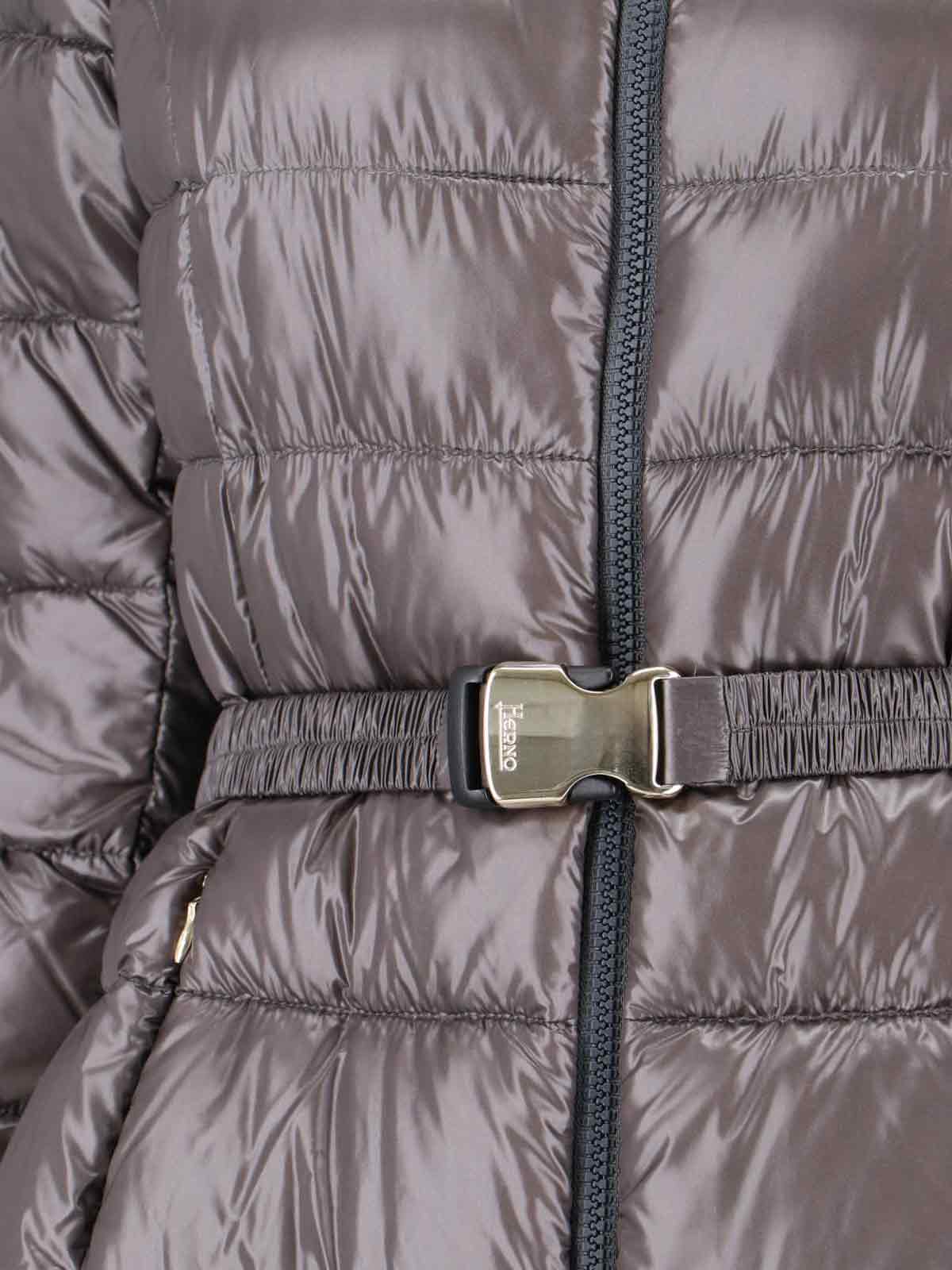 Herno Belted High Collar Long Quilted Shiny Jacket In Gray