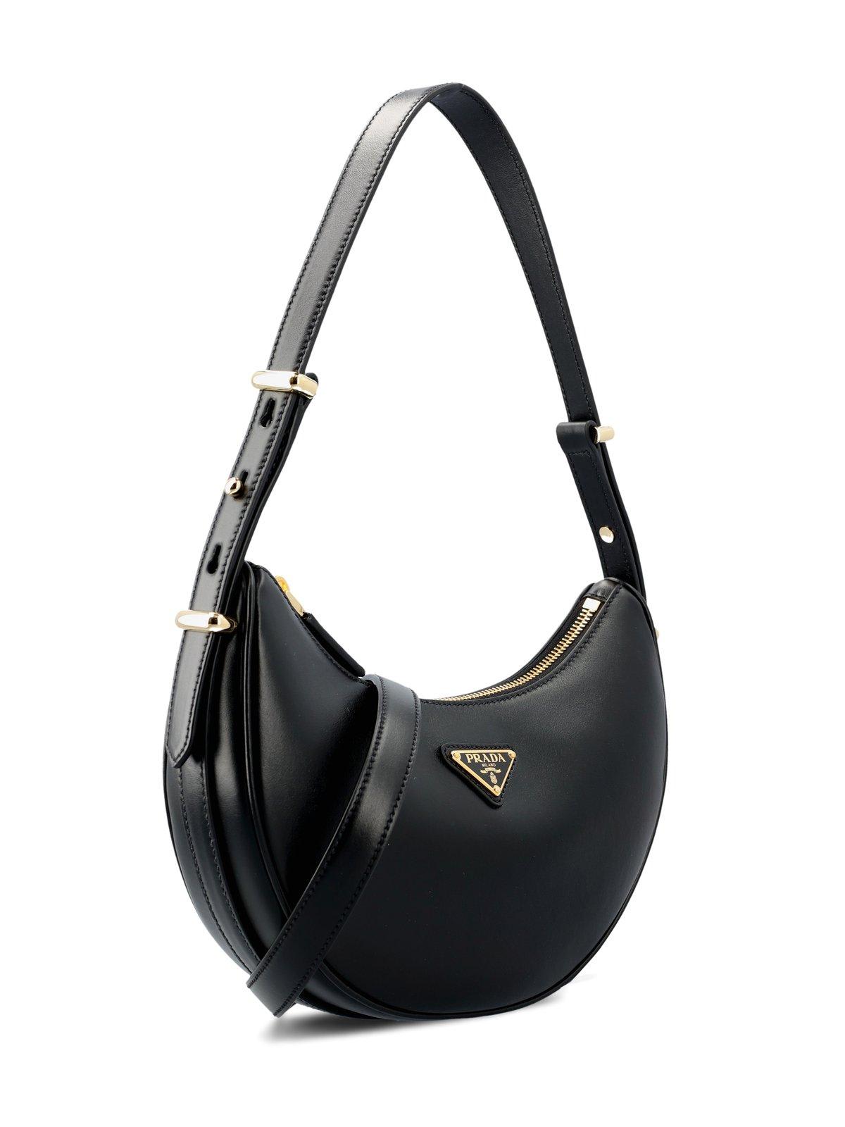 Prada Triangle Logo Plaque Moon Shaped Shoulder Bag In Black