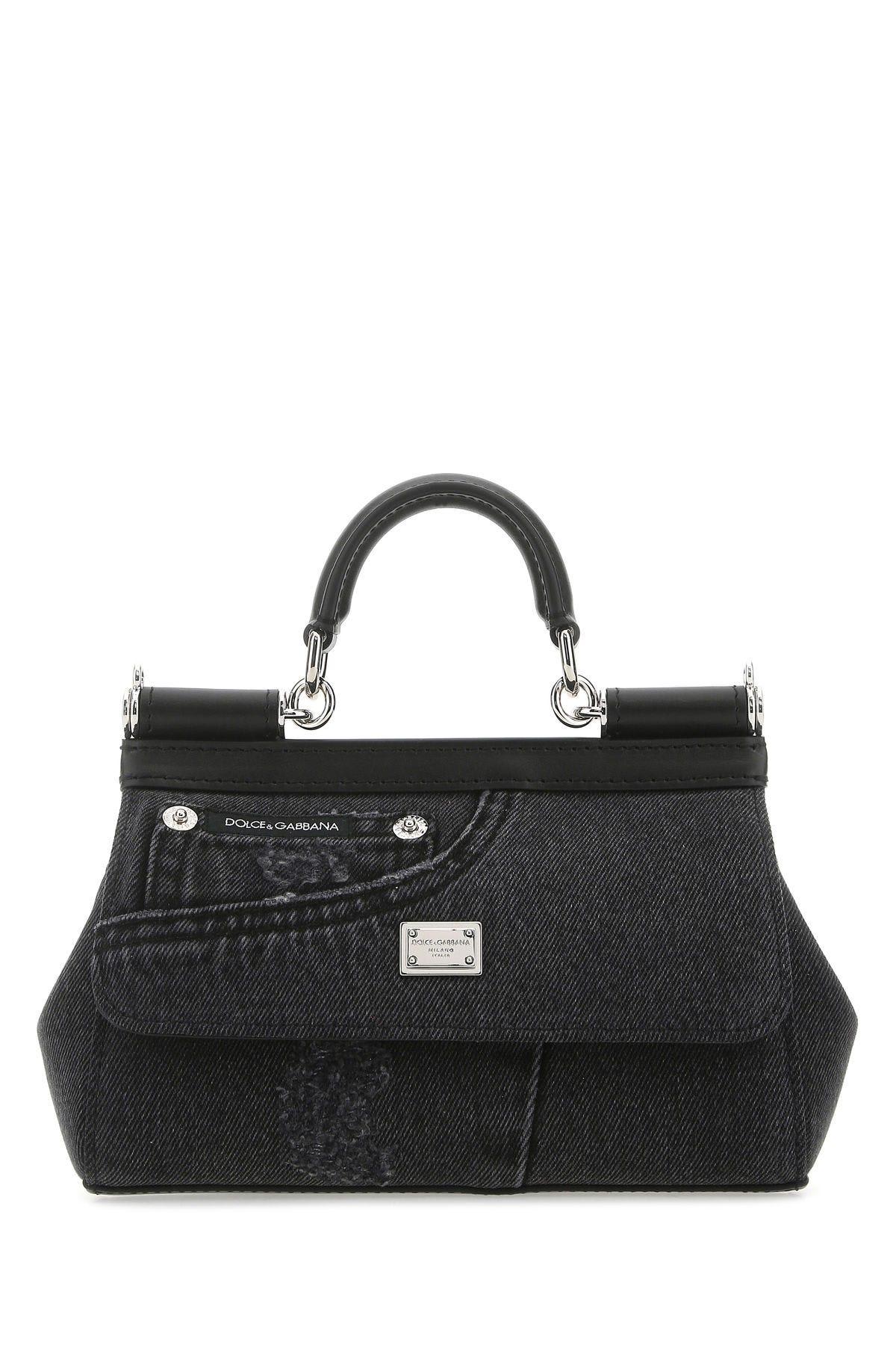Dolce & Gabbana Black Leather And Denim Small Sicily Handbag