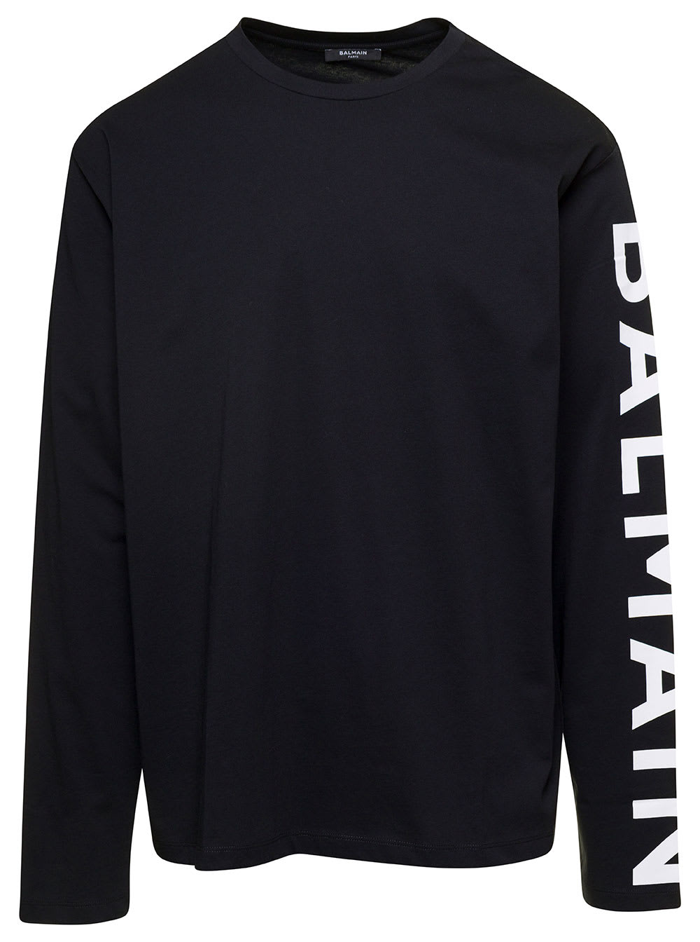 Balmain Black Crewneck Sweatshirt With Logo Print On The Sleeve In Cotton Man