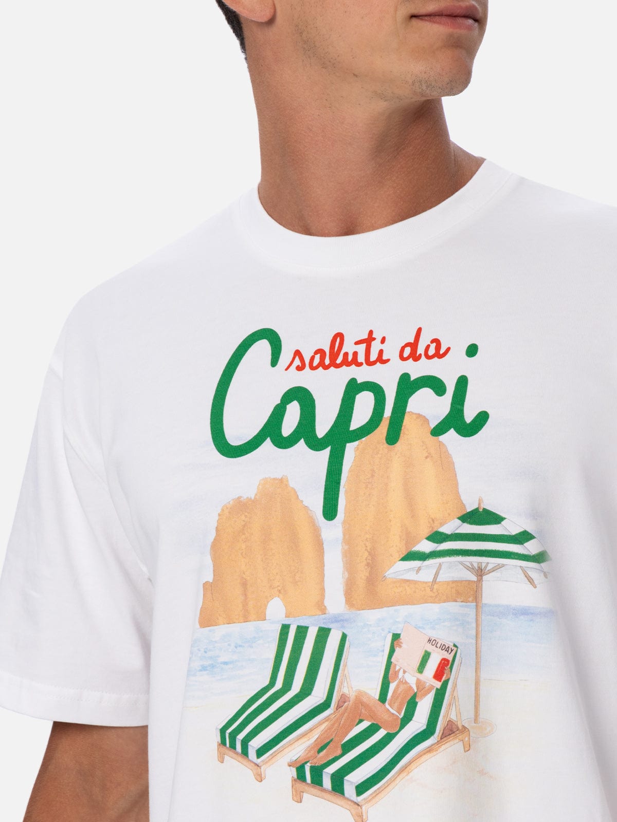 MC2 SAINT BARTH MAN COTTON T-SHIRT WITH SALUTI DA CAPRI PLACED PRINT