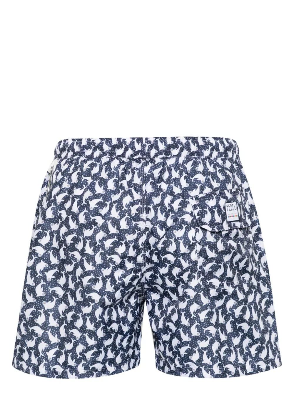 Shop Fedeli Blue Swim Shorts With Seal Pattern