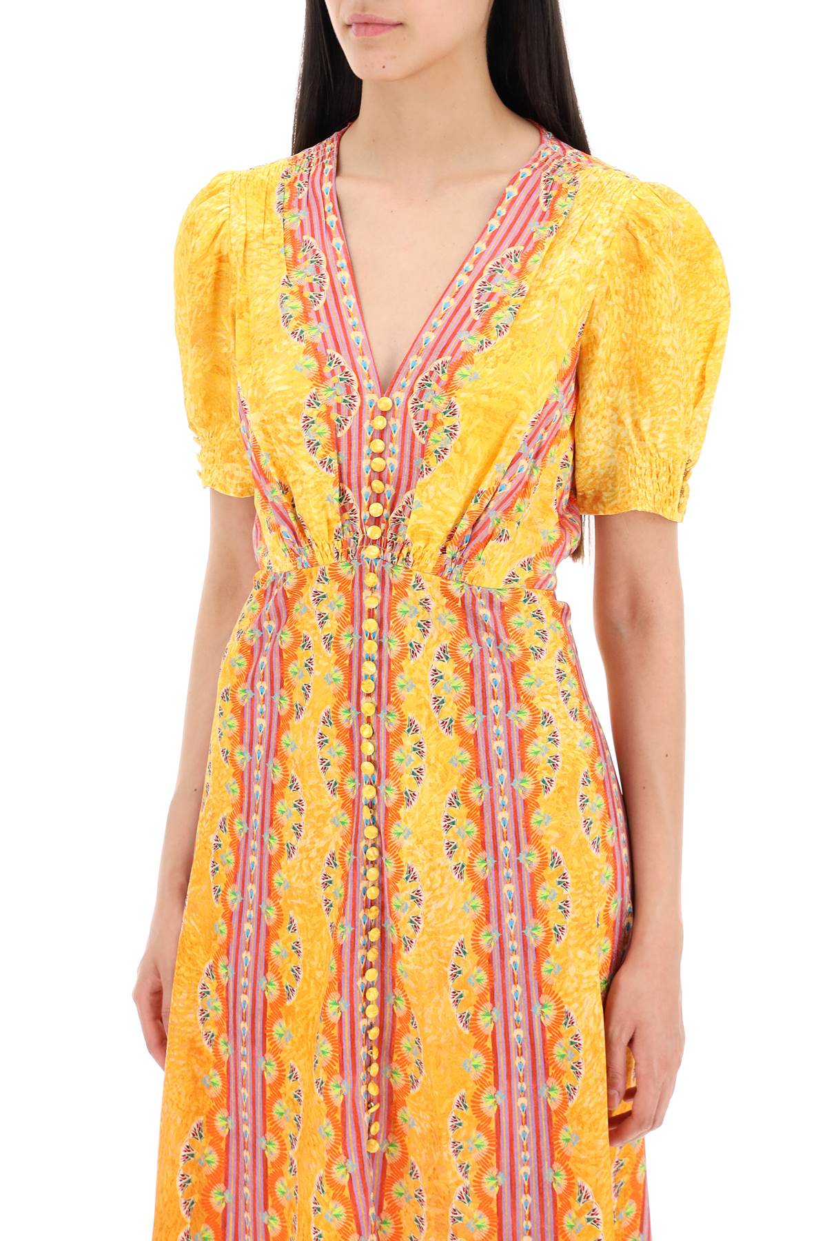 Shop Saloni Long Silk Dress Lea In Eight In Carnival Stripe Plmt (yellow)