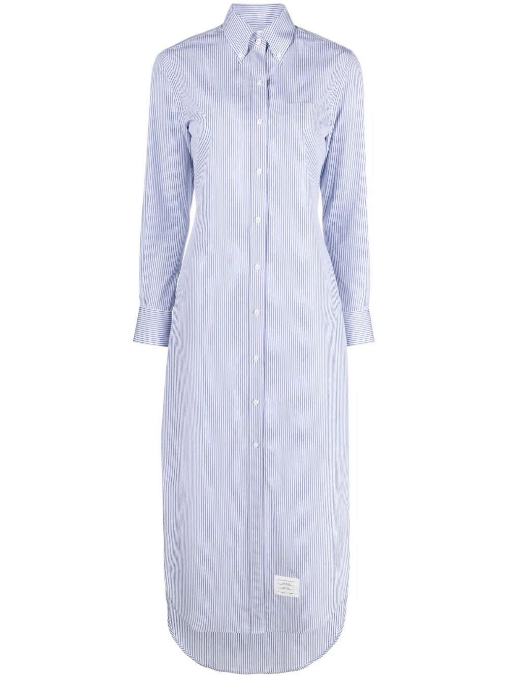 Shop Thom Browne Trouser Length Button Down Point Collar Shirtdress In Mini Stripe Poplin In Medium Blue