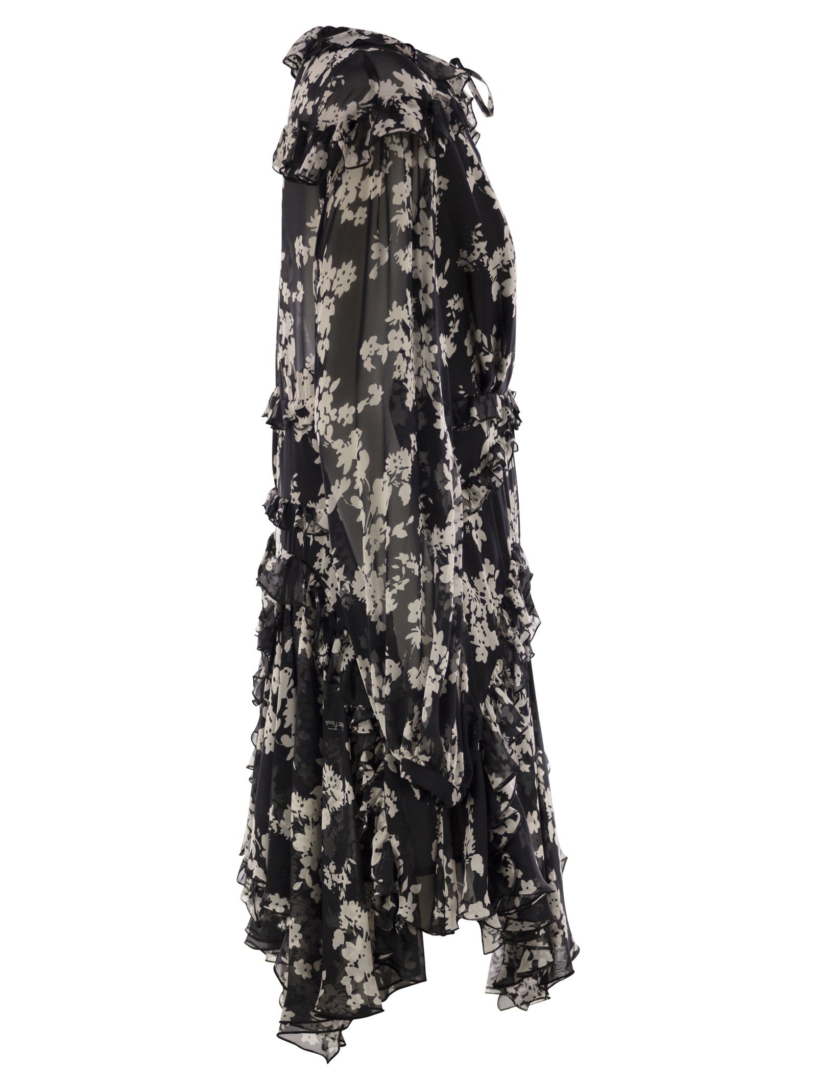 Elisabetta Franchi Printed Silk Voile Dress With Ruffles In Black
