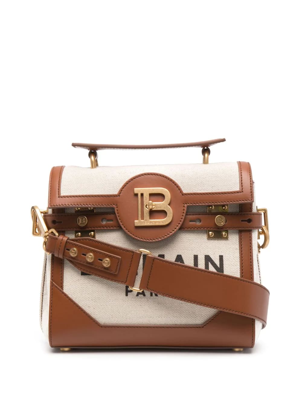 Balmain Ecru Canvas B-buzz 23 Bag With Brown Leather Panels