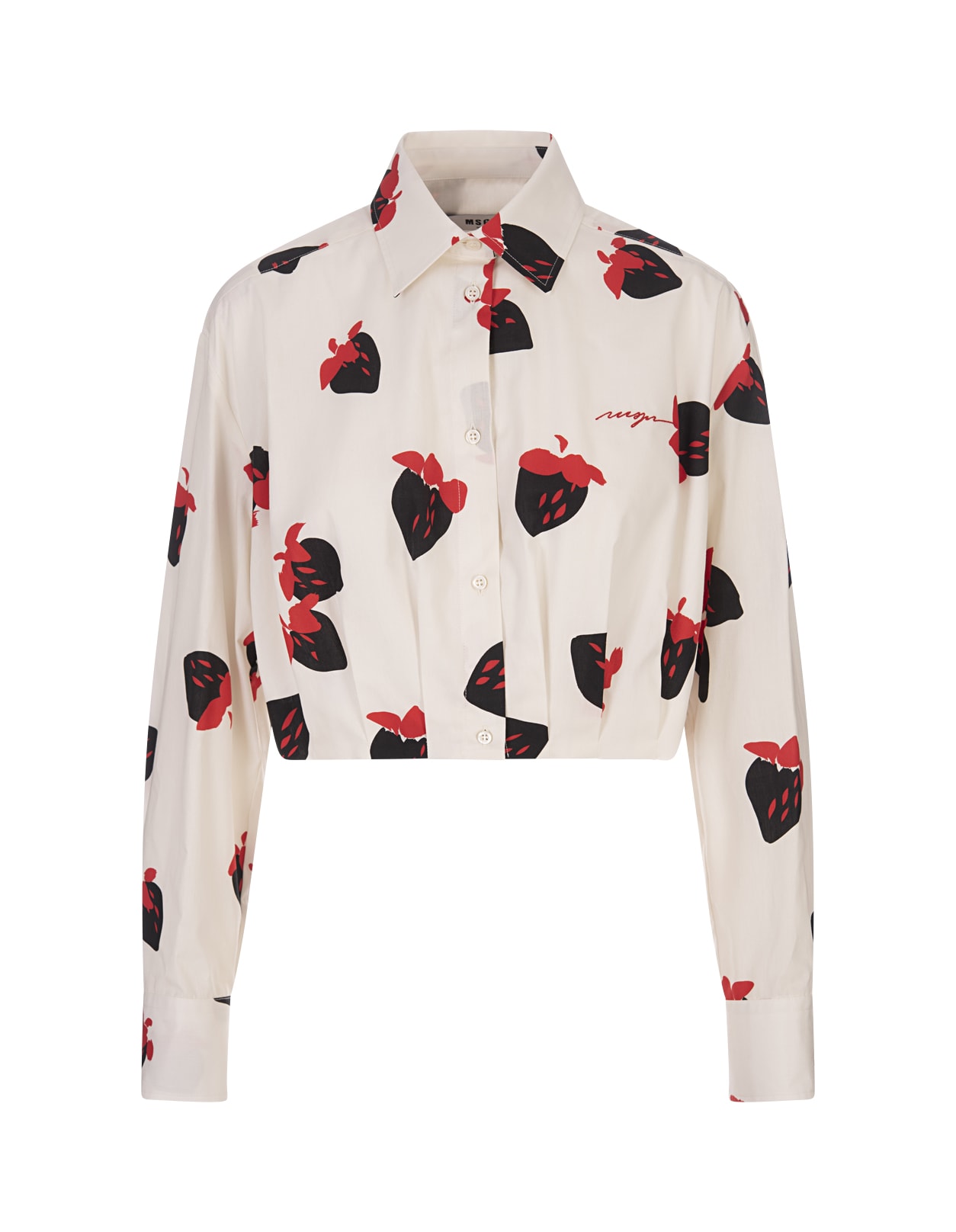 Shop Msgm White Crop Shirt With Strawberry Print