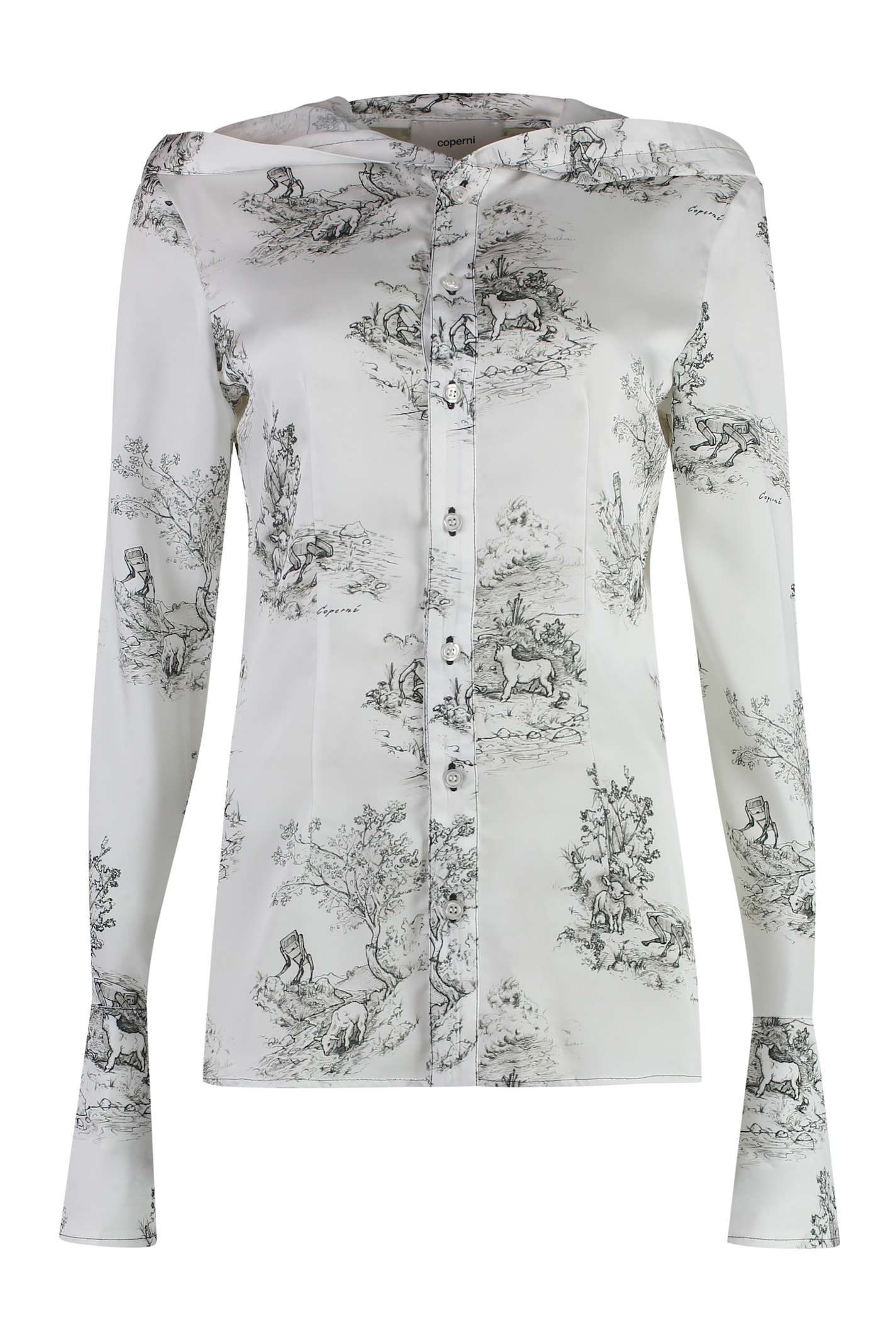 Coperni Toile De Jouy Print Hooded Button-up Shirt In White