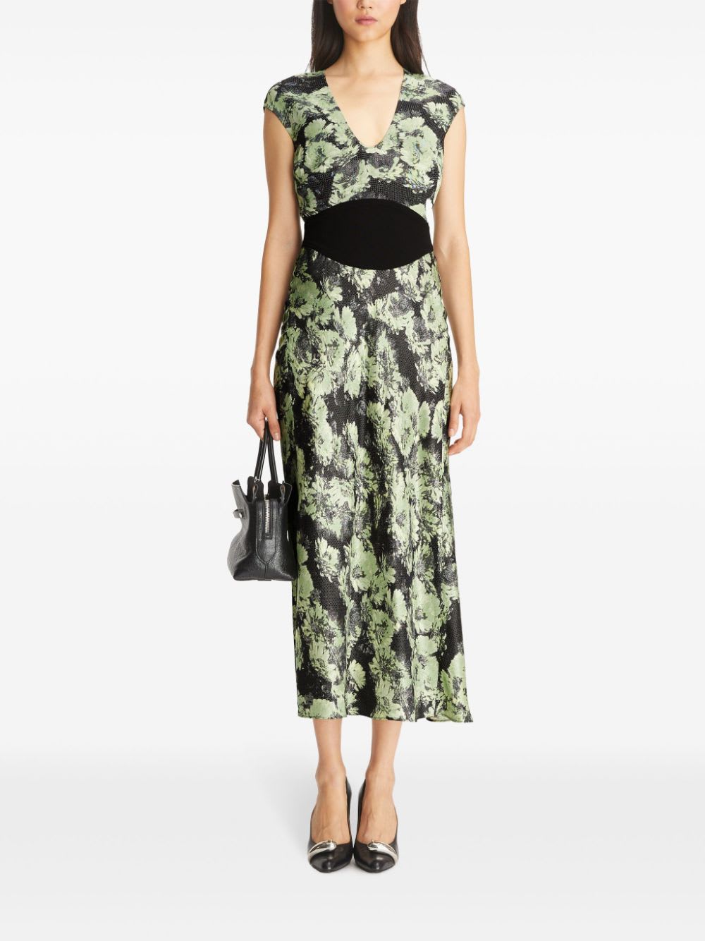 Tory Burch Floral Pattern Midi Dress With Cap Sleeves In Green