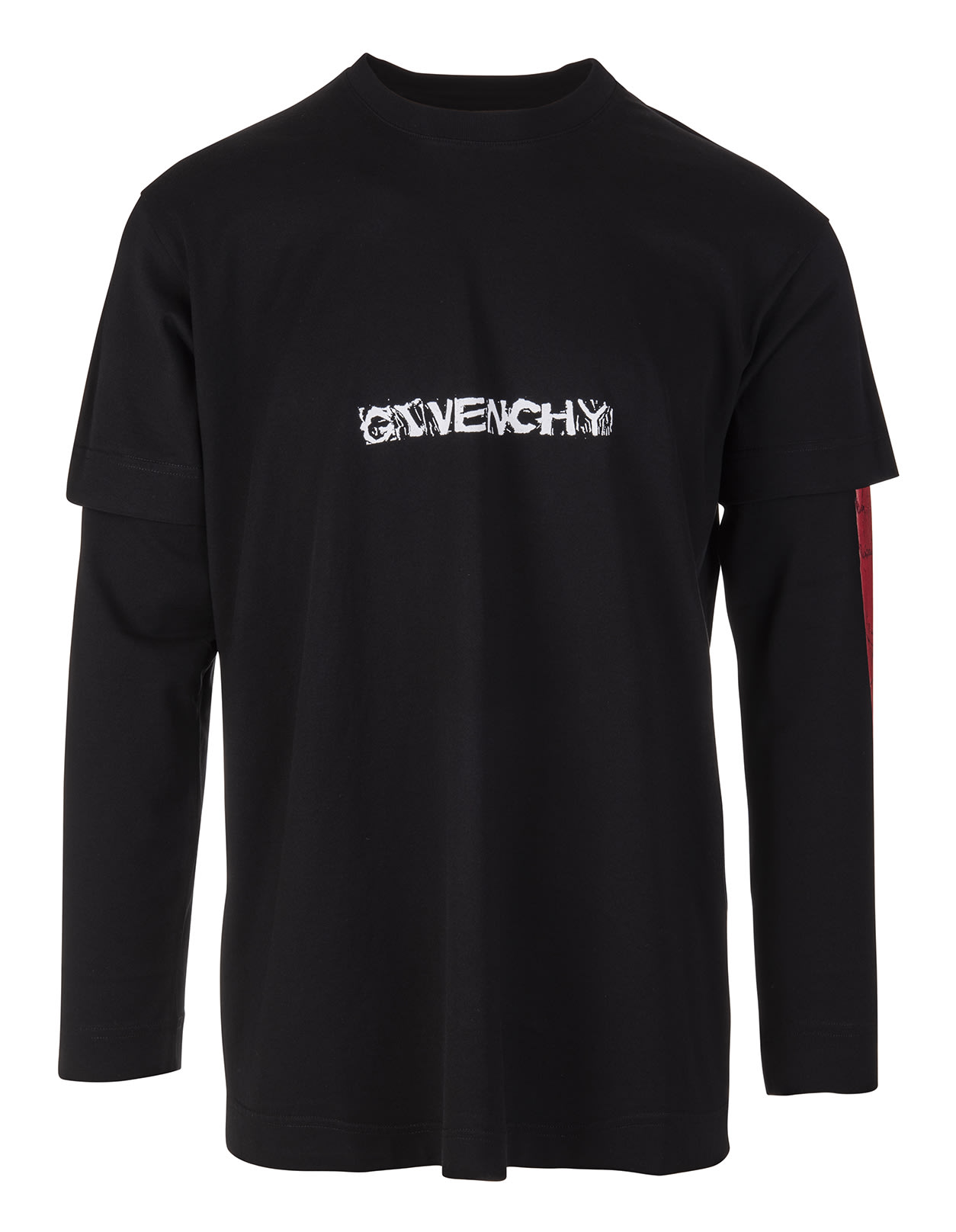 Man Black T-shirt With Overlay Effect And White Givenchy And Goth Prints