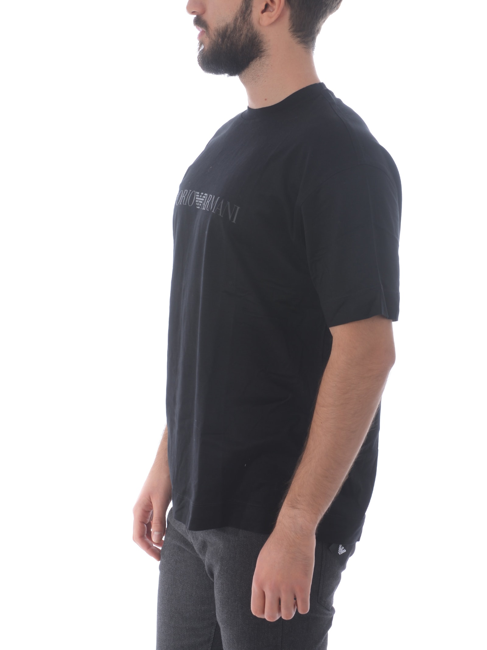 Shop Emporio Armani T-shirt In Cotton And Lyocell Blend In Nero