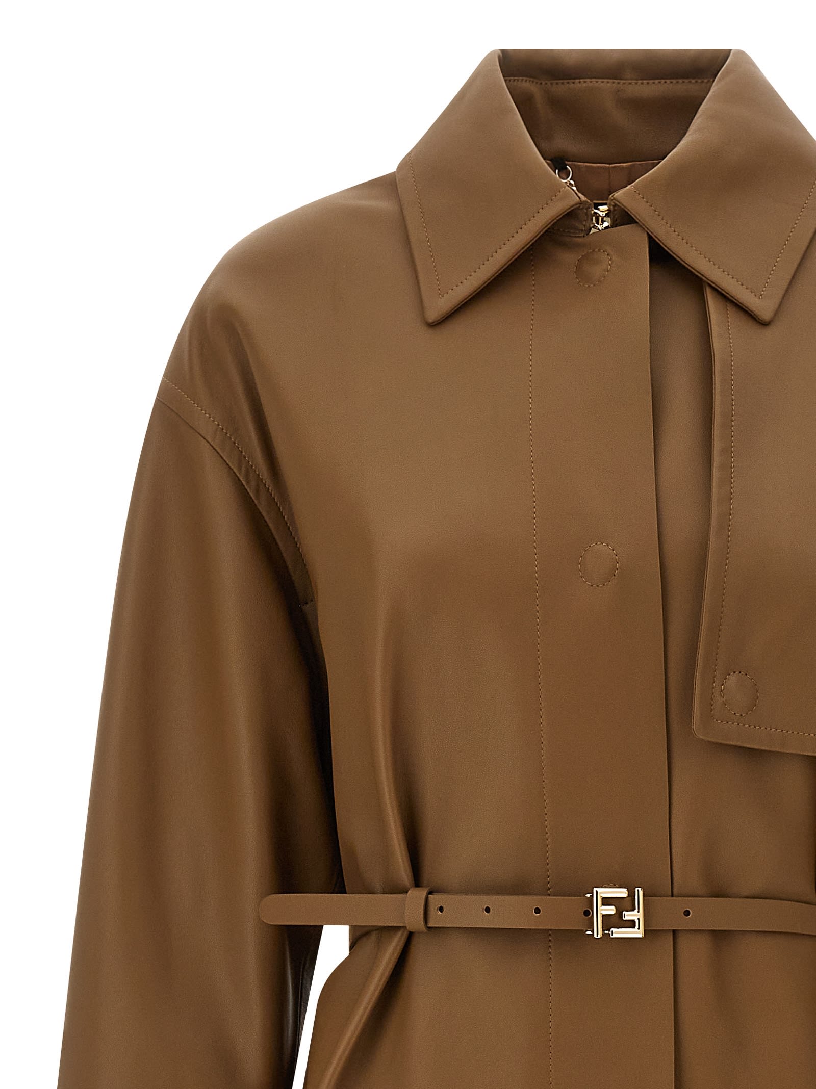 Fendi Long Belted Trench Coat With Pointed Collar In Brown