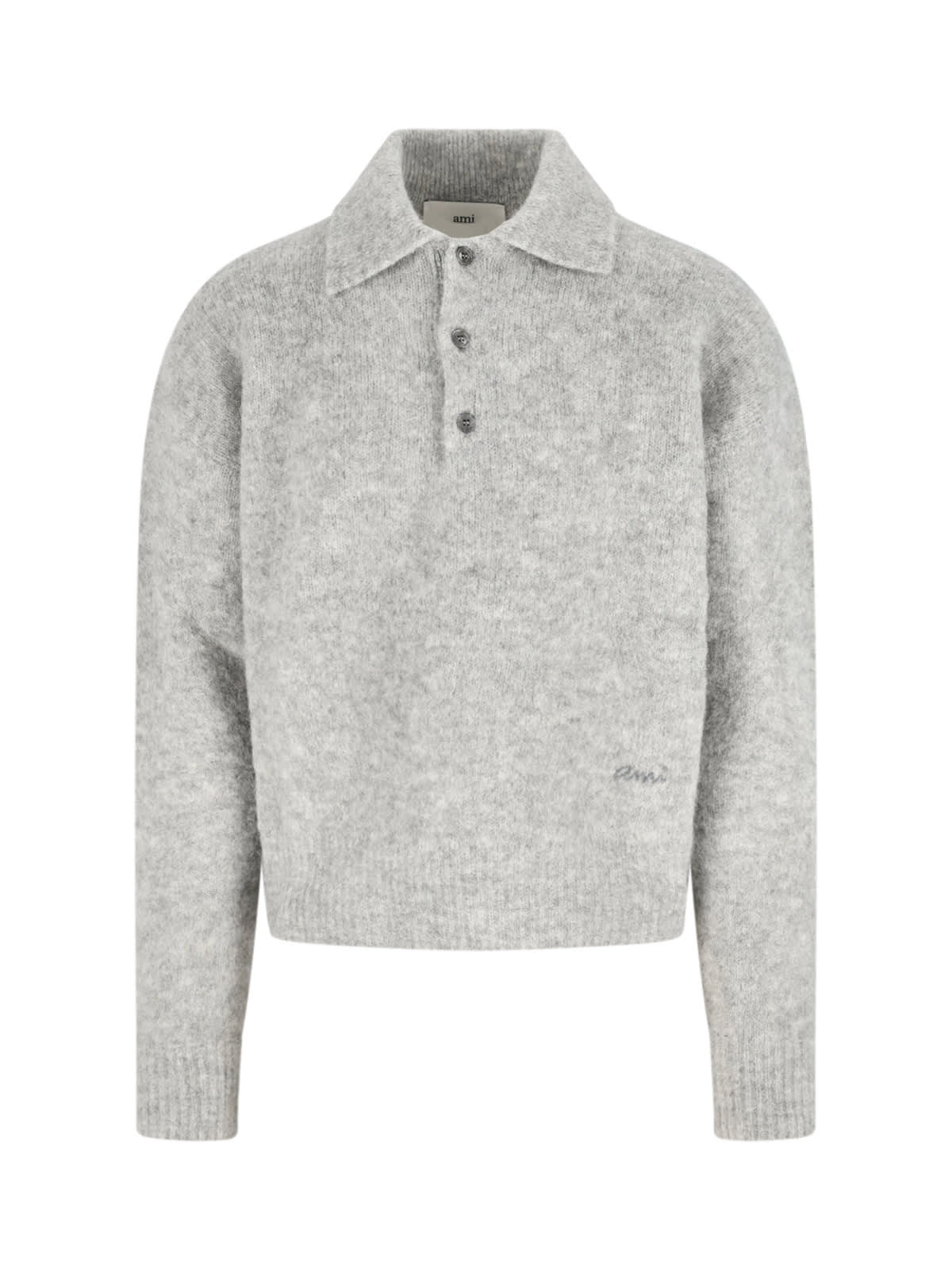Ami Alexandre Mattiussi Light Grey Knit Sweater With Polo Collar And Three-button Placket In Gray