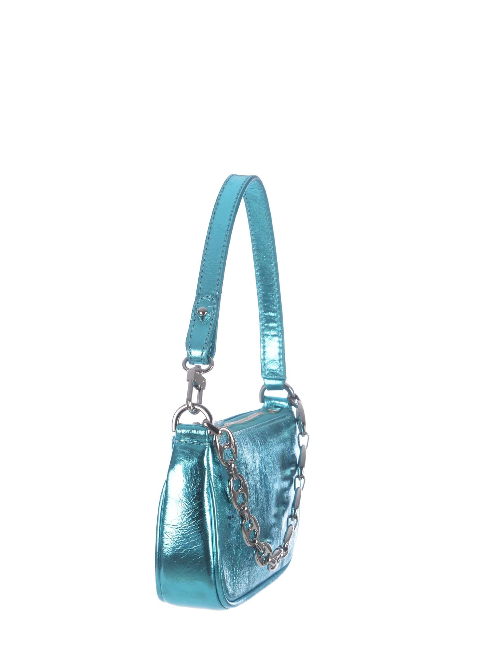 Shop By Far Bag  Mini Rachel In Metallic Leather In Azzurro