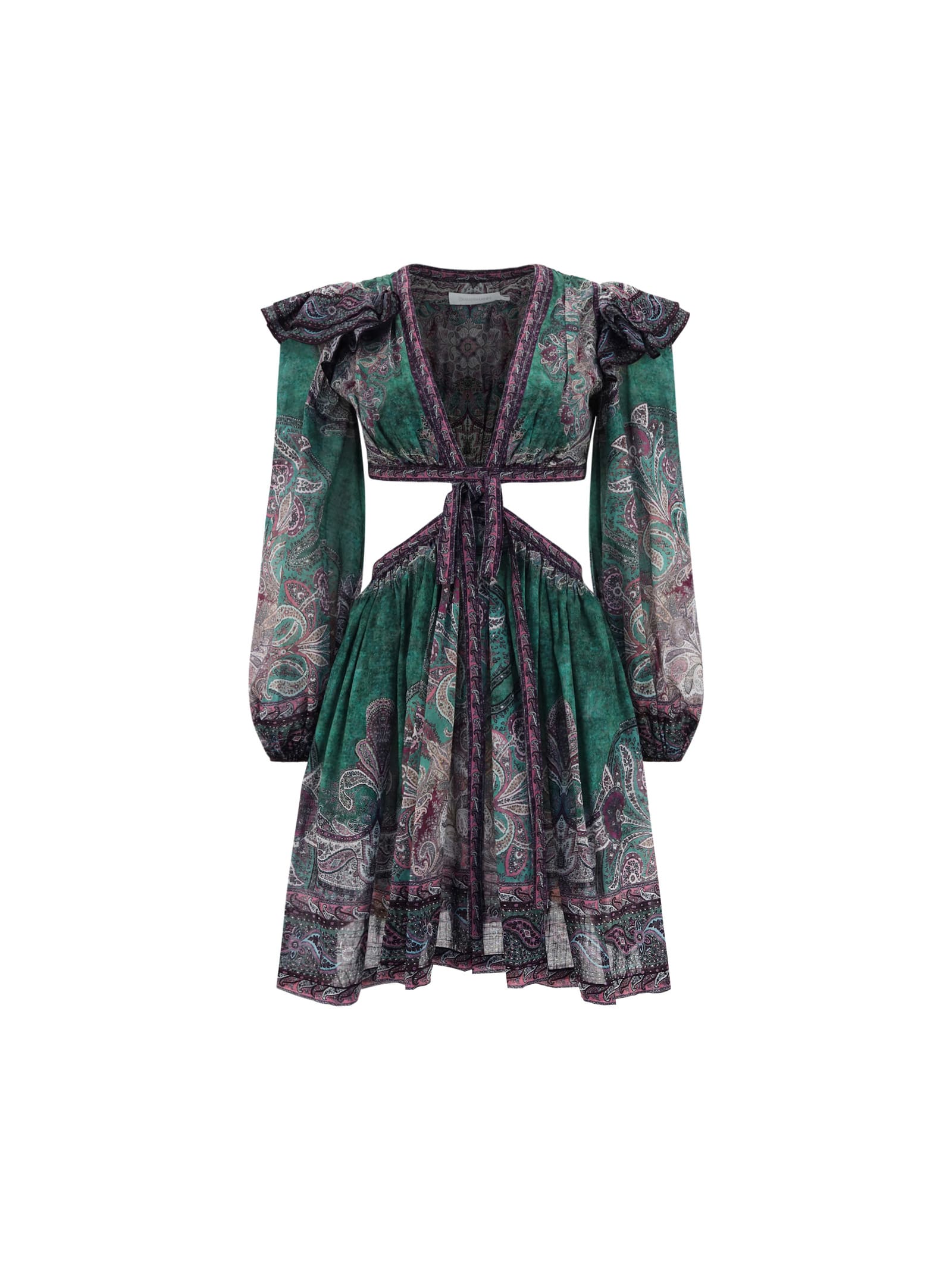 Zimmermann Anneke Cutout Ruffled Paisley-print Cotton-voile Mini Dress In Teal Paisley