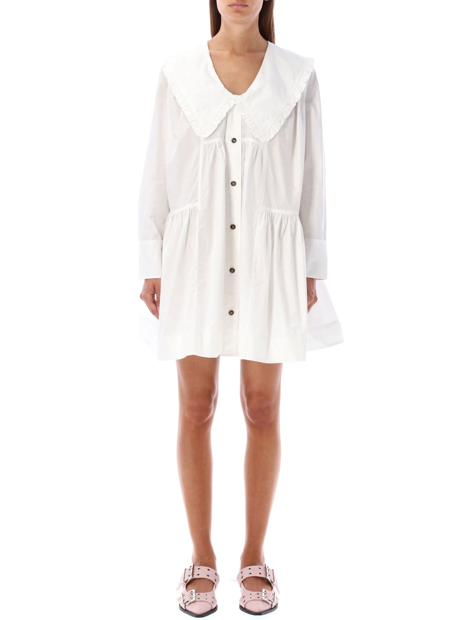 Shop Ganni Wide Mini Shirt Dress In Birght White