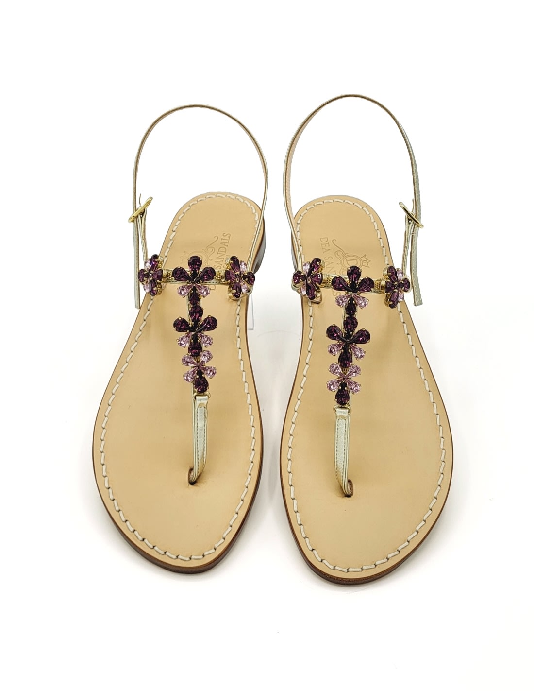 Dea Sandals Purple Narcissus Jewel Sandals In Platinum Gold Laminated, Purple, Wisteria.
