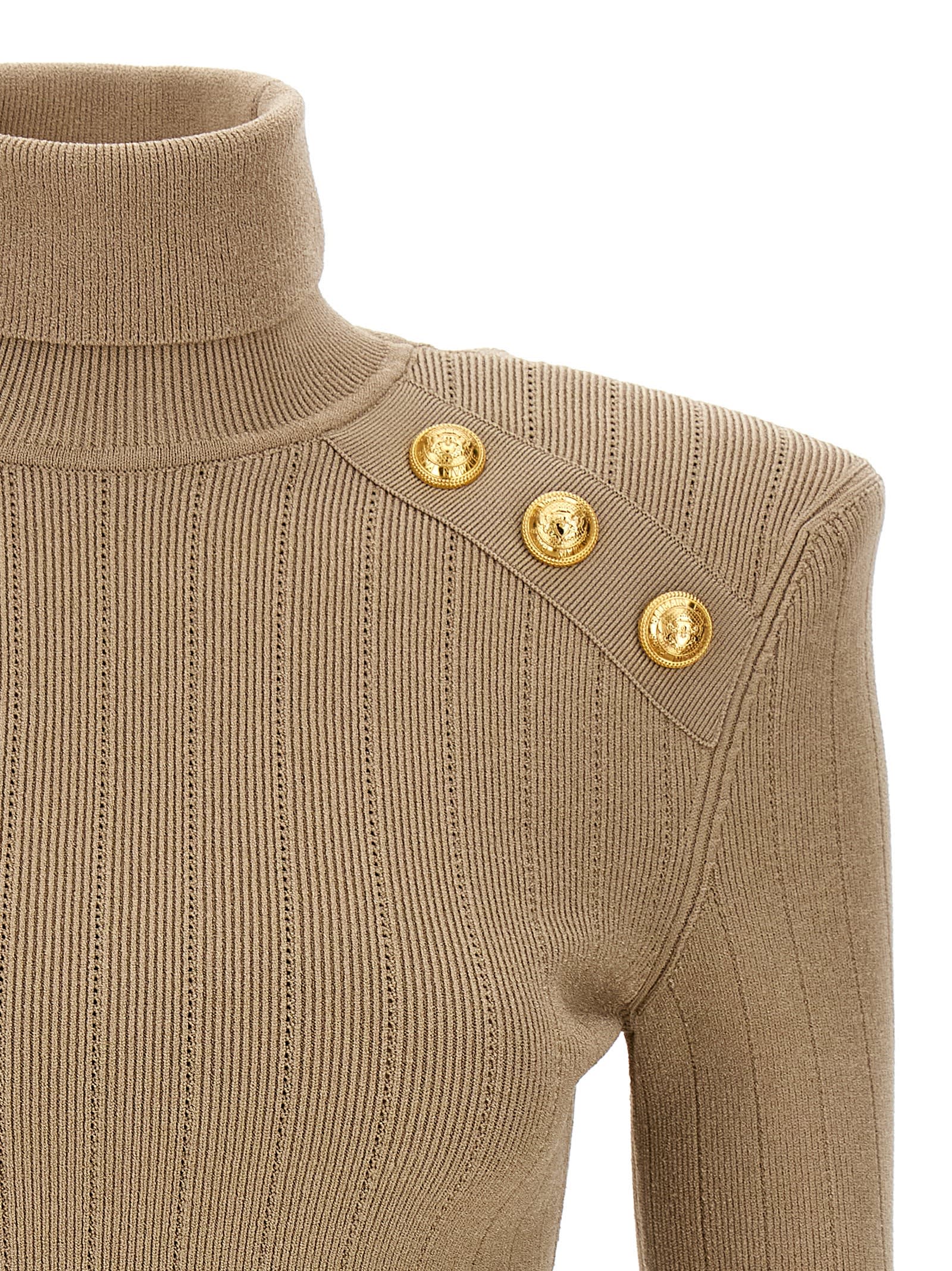 Shop Balmain Ribbed Button Sweater In Beige