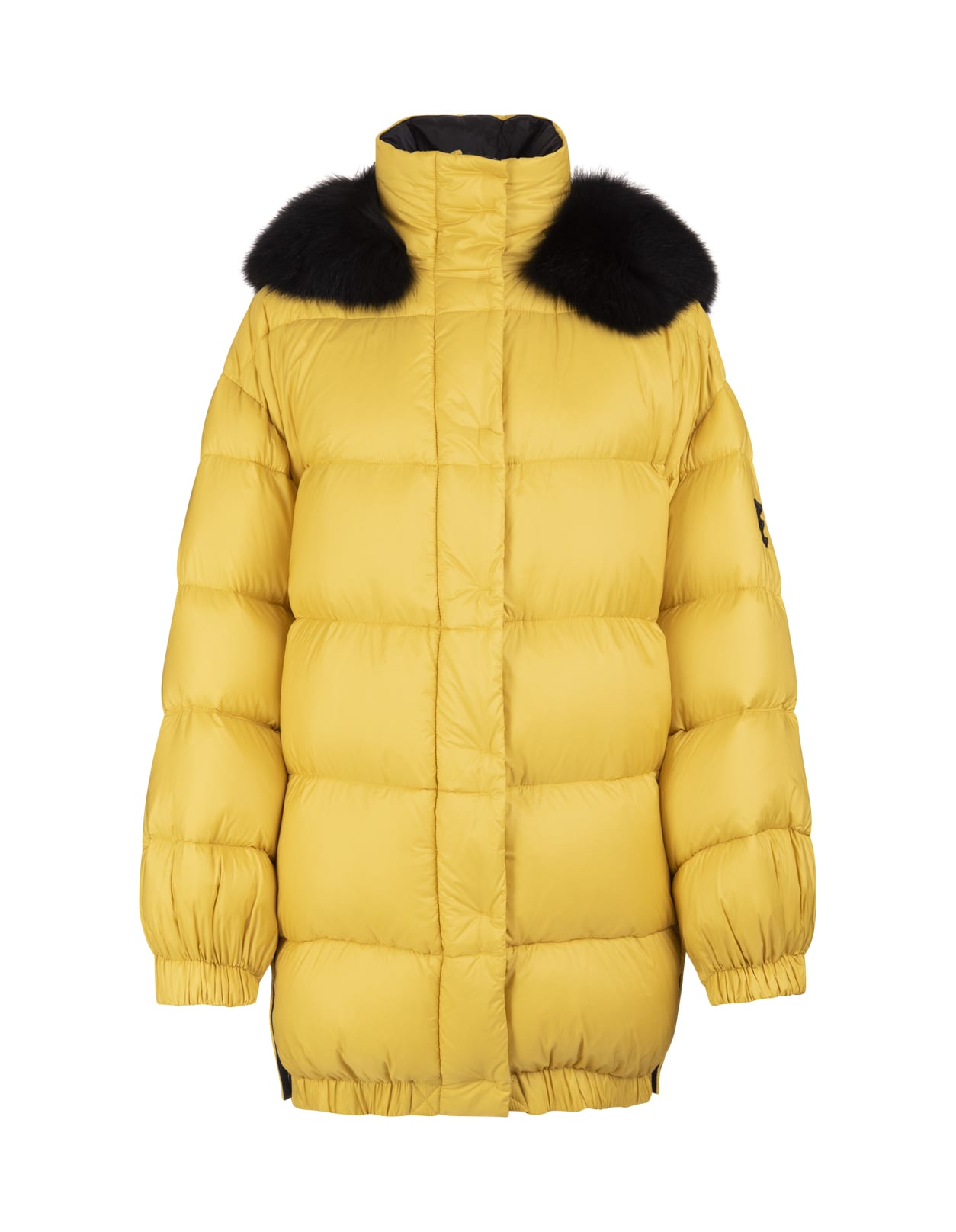 Ermanno Scervino Woman Yellow Long Down Jacket With Black Fox Fur Hood