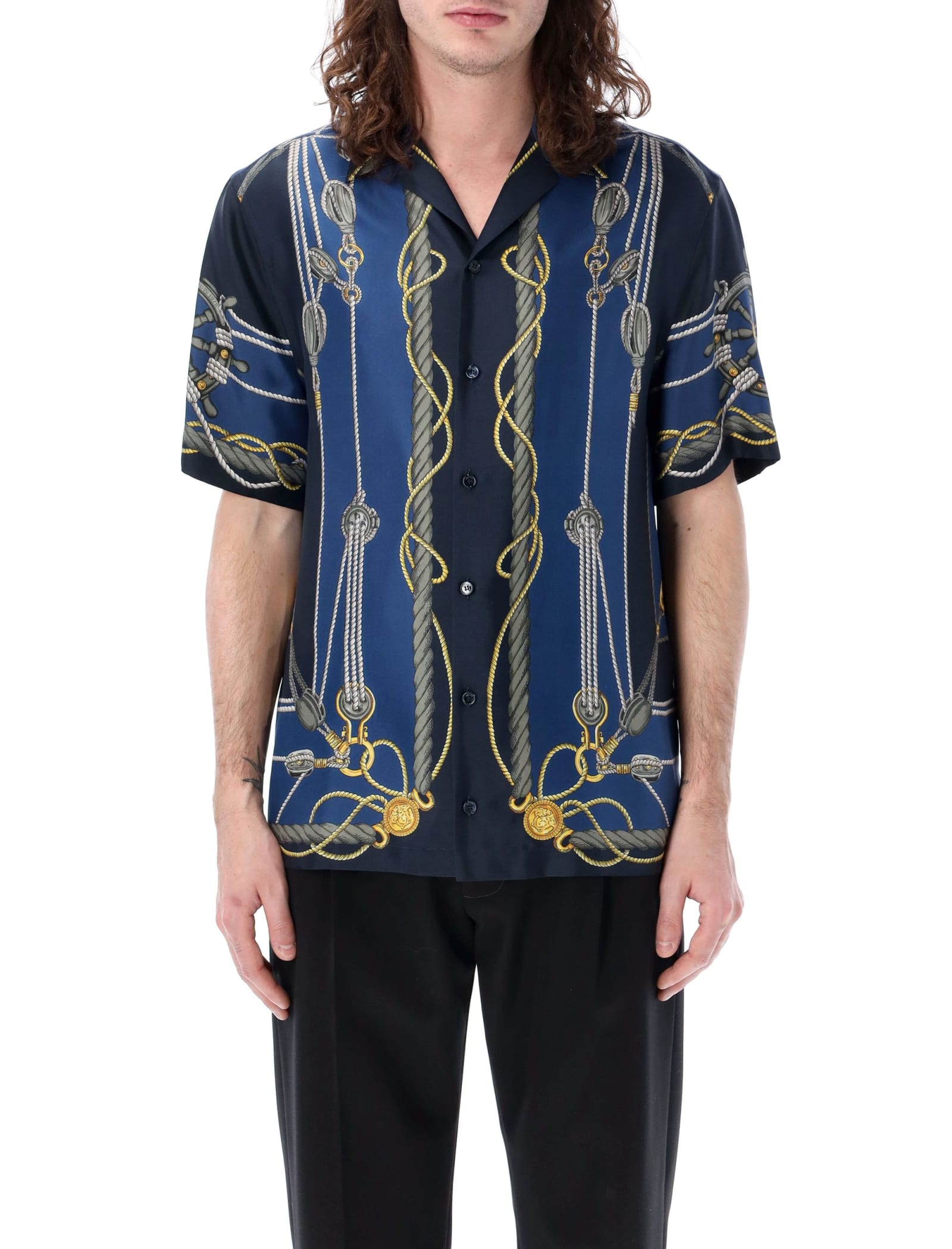 Shop Versace Nautical Bowling Shirt In Blue/gold