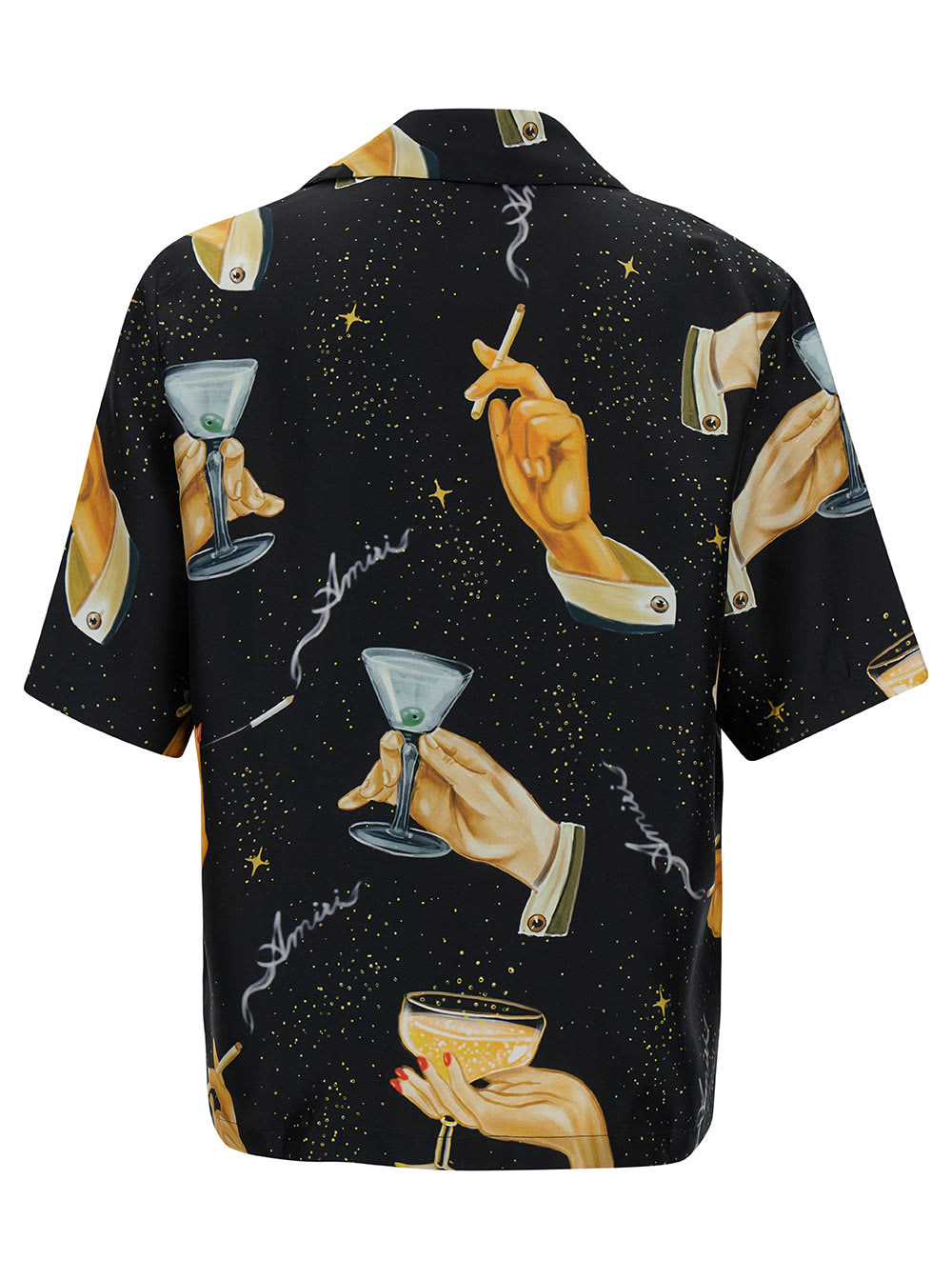 Shop Amiri Champagne Black Bowling Shirt With Graphic Print In Silk Man