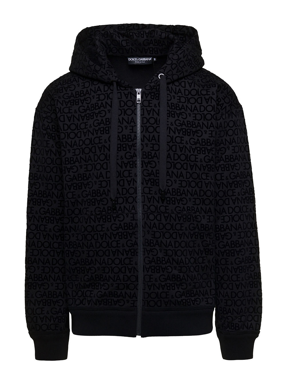DOLCE & GABBANA BLACK HOODIE WITH ALL-OVER TONAL LOGO PRINT IN COTTON MAN