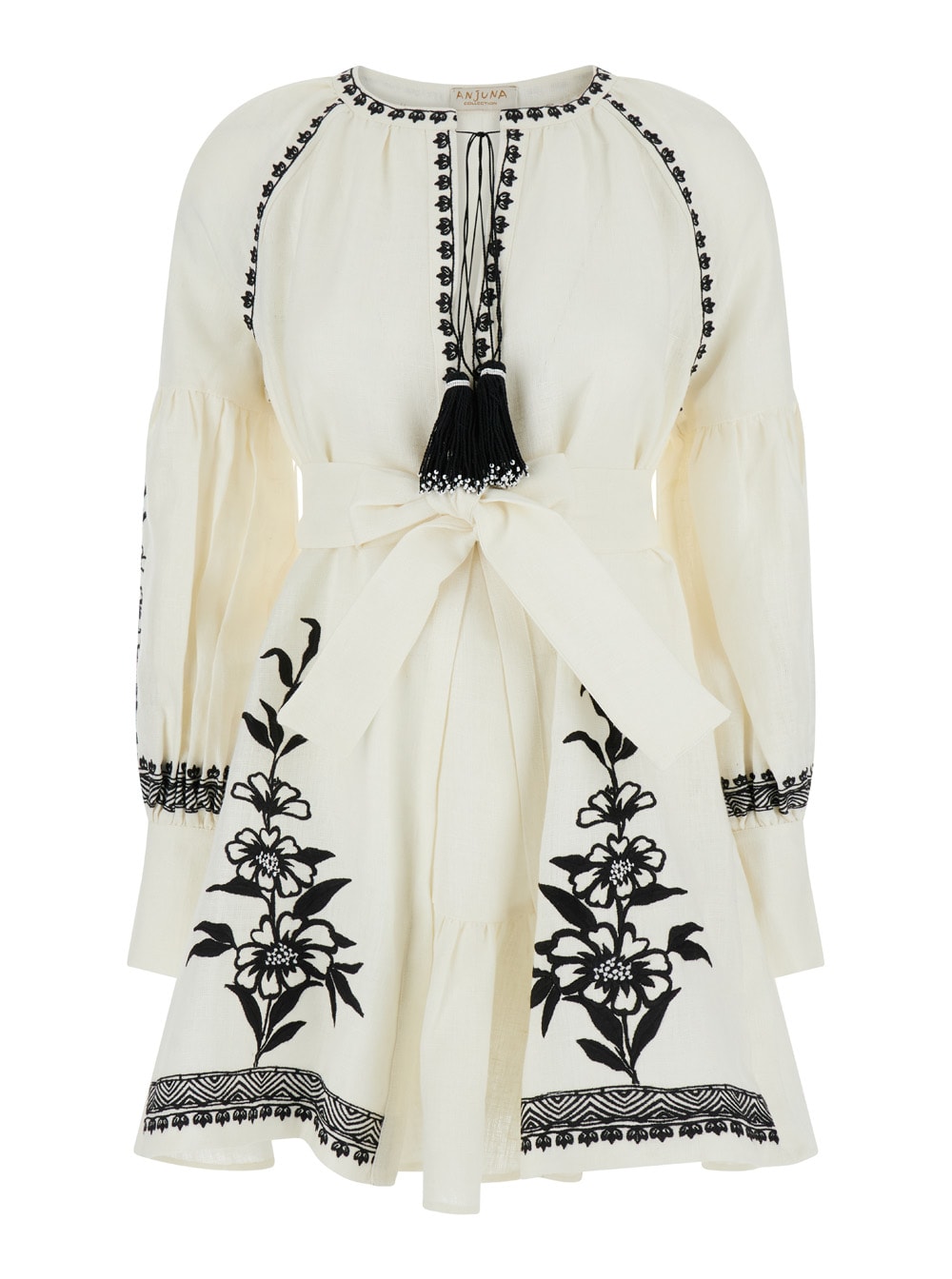 Shop Anjuna White Mini Dress With Floreal Embroidery And Tassels In Linen Woman In White/black
