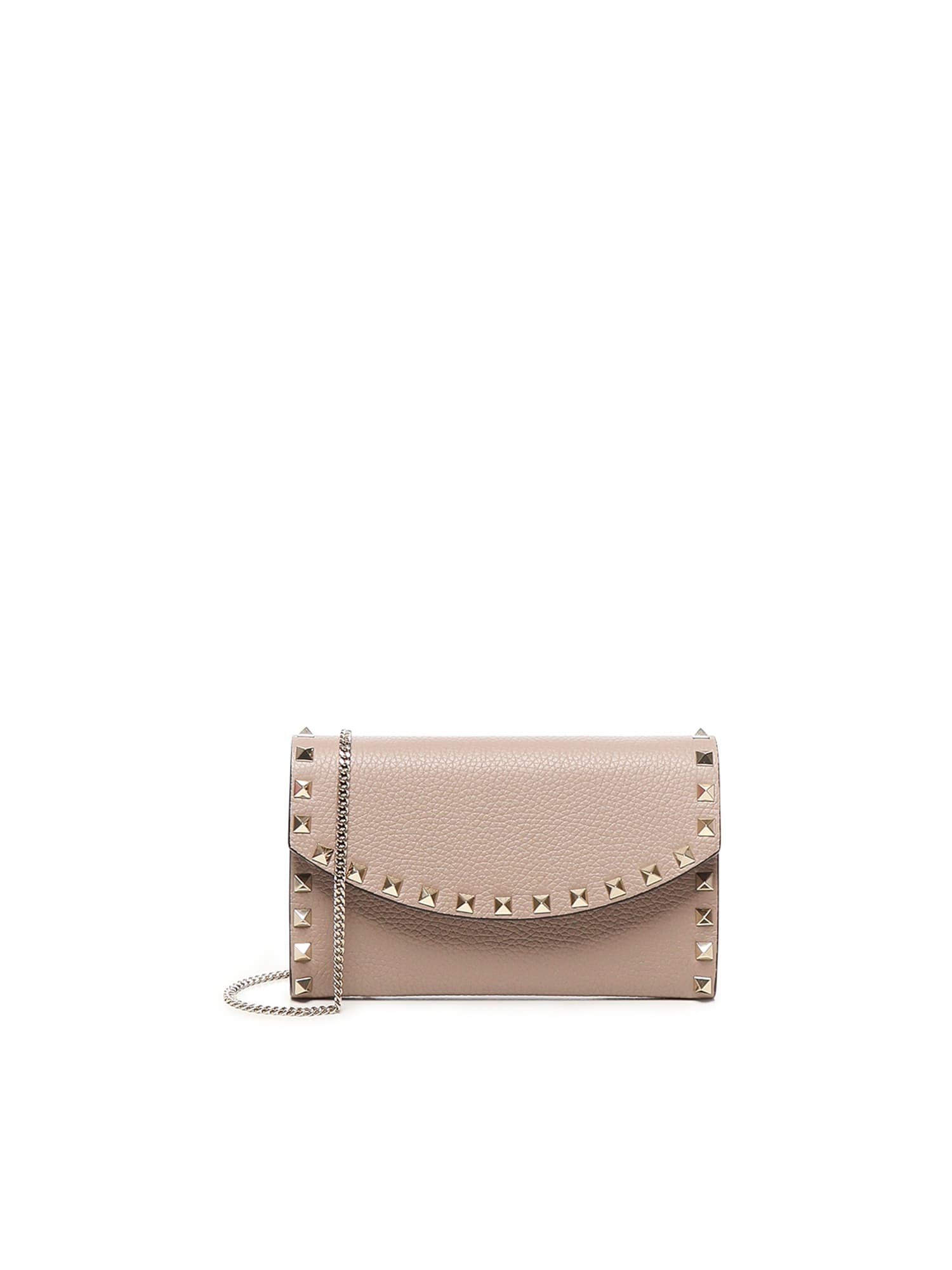 Valentino Rockstud Leather Wallet With Chain In Neutral