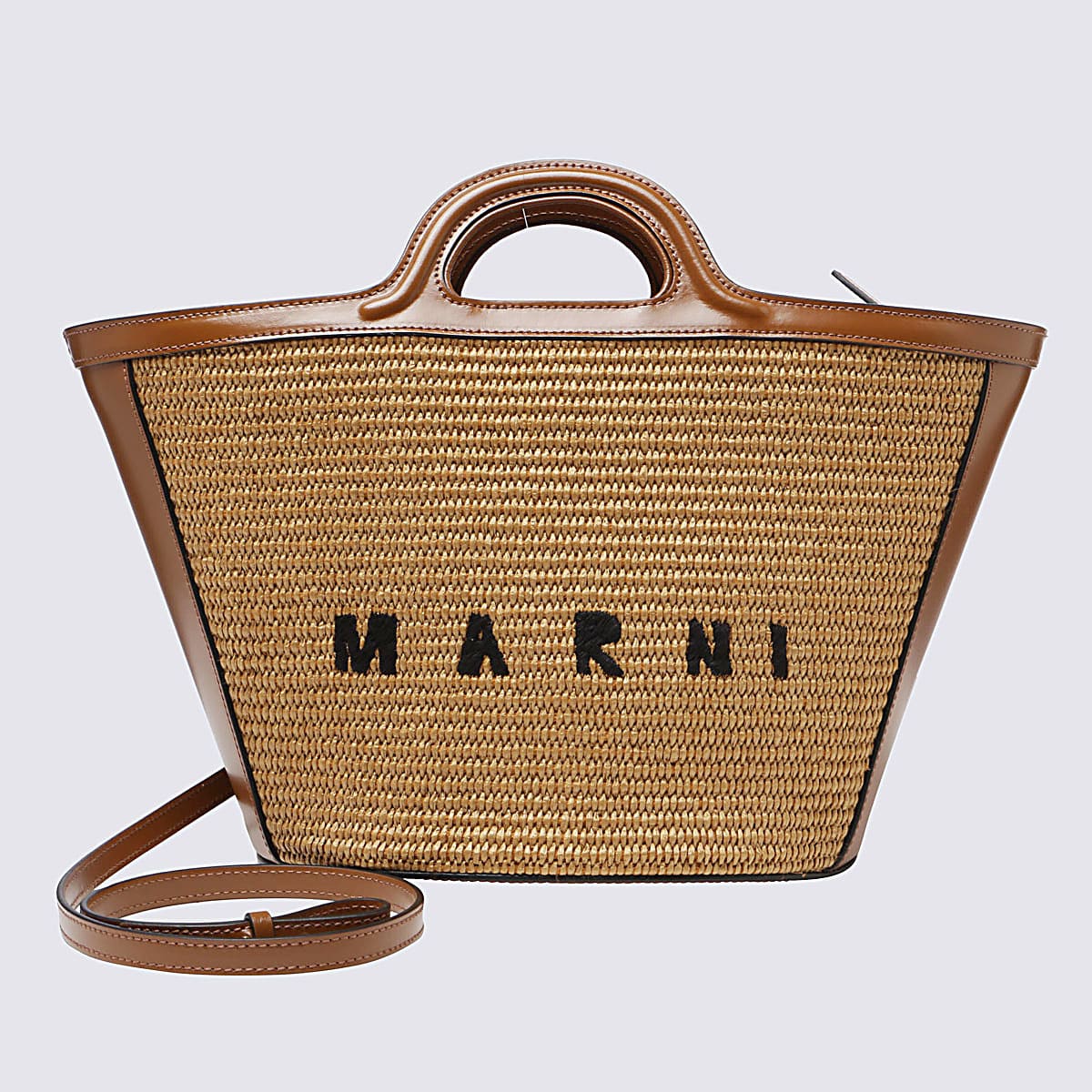 MARNI BROWN LEATHER AND RAFFIA TROPICALIA SMALL TOTE BAG