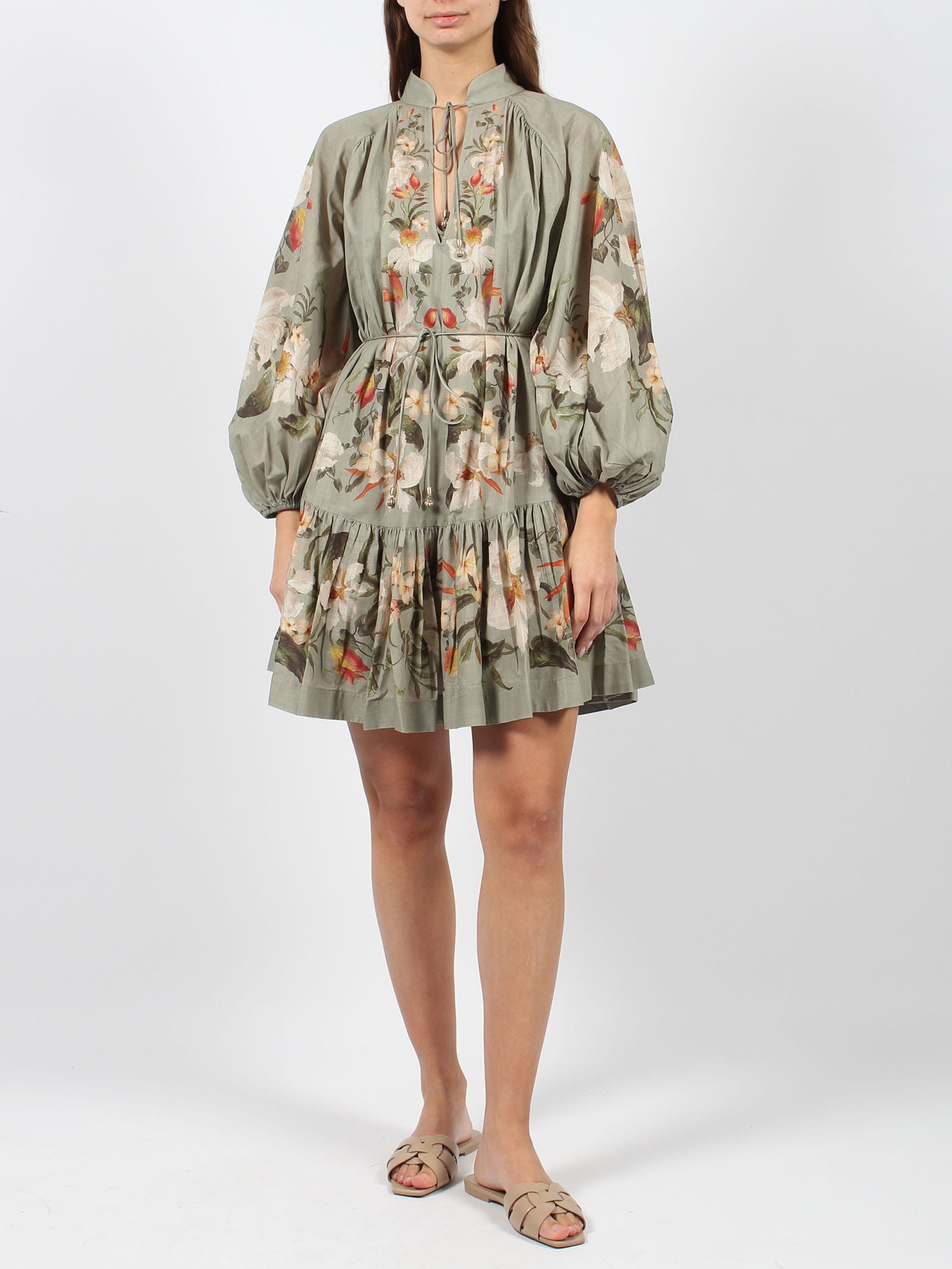 Shop Zimmermann Lexi Billow Mini Dress In Sage Palm