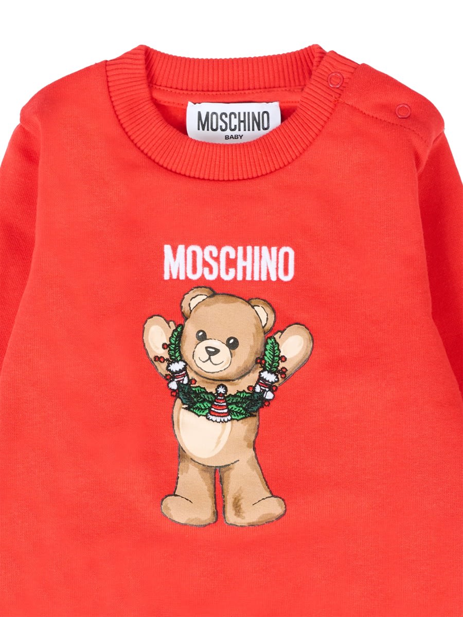 Moschino Red Sweatshirt For Babykids With Christmas Teddy Bear In Red
