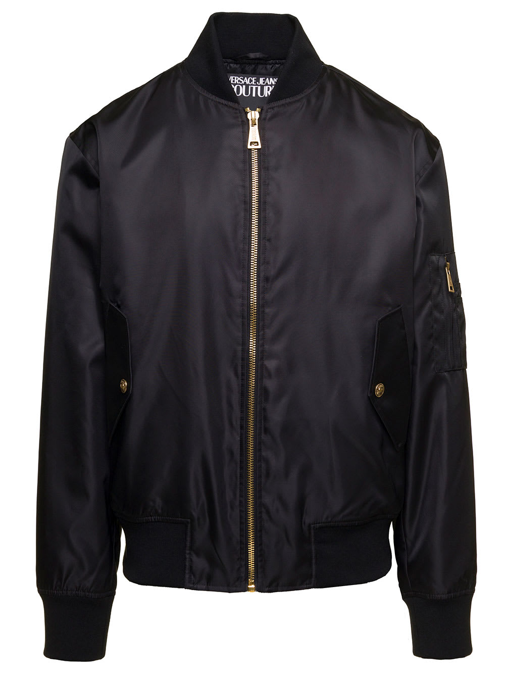 VERSACE JEANS COUTURE BLACK BOMBER JACKET WITH BACK BAROQUE LOGO PRINT IN NYLON MAN VERSACE JEANS COUTURE