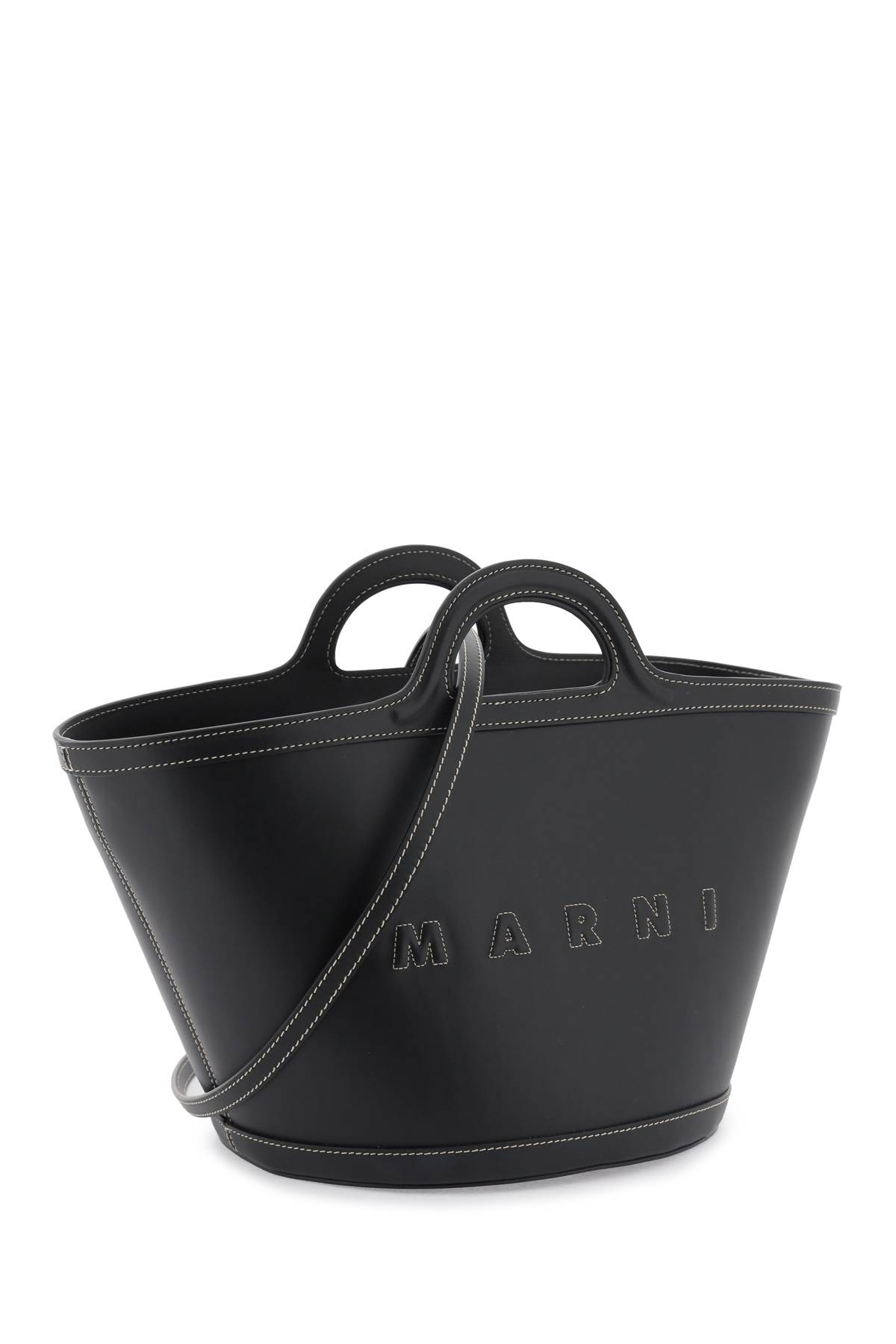 Shop Marni Leather Small Tropicalia Bucket Bag In Black