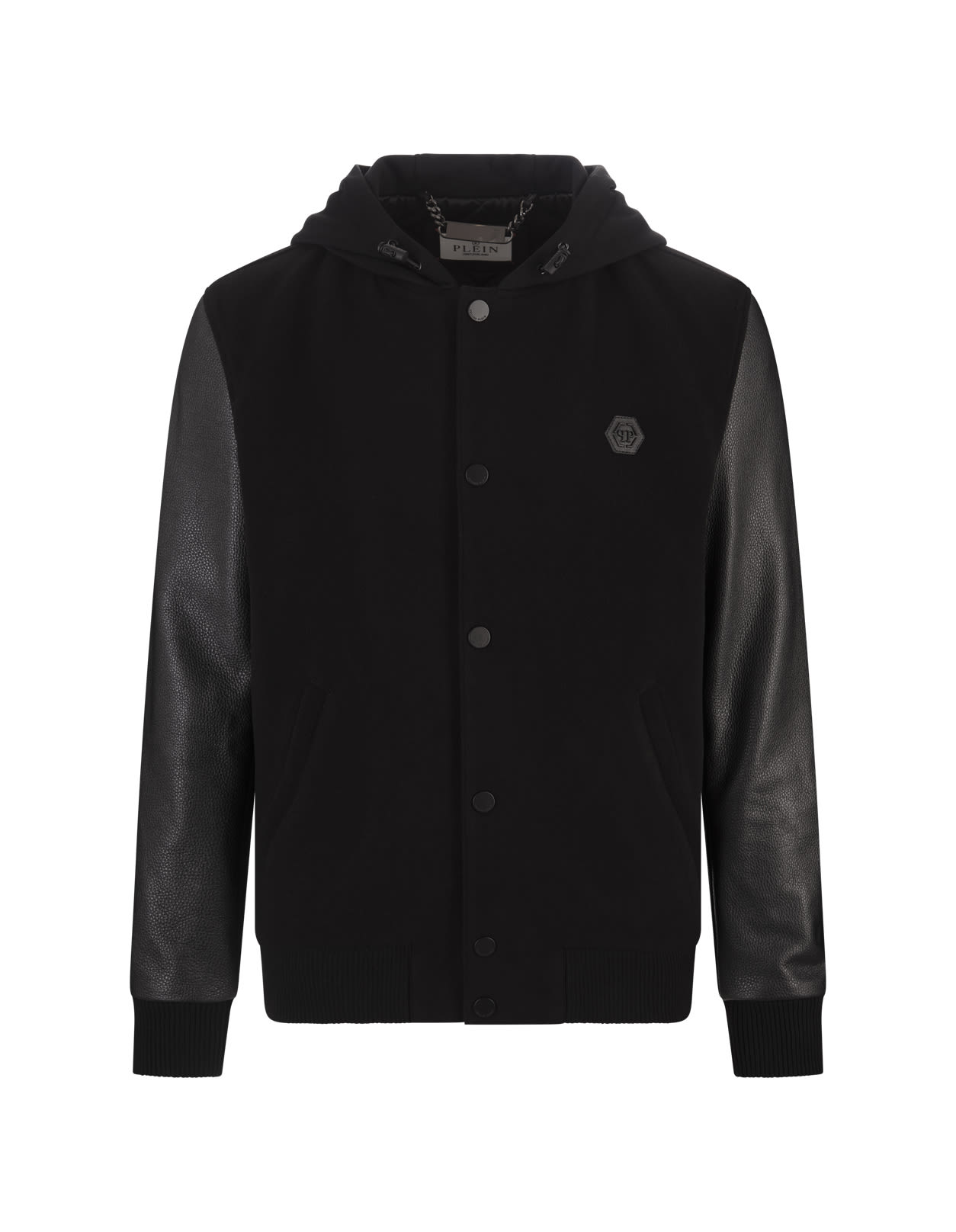 Black Hoodie Sweatjacket With Leather Sleeves