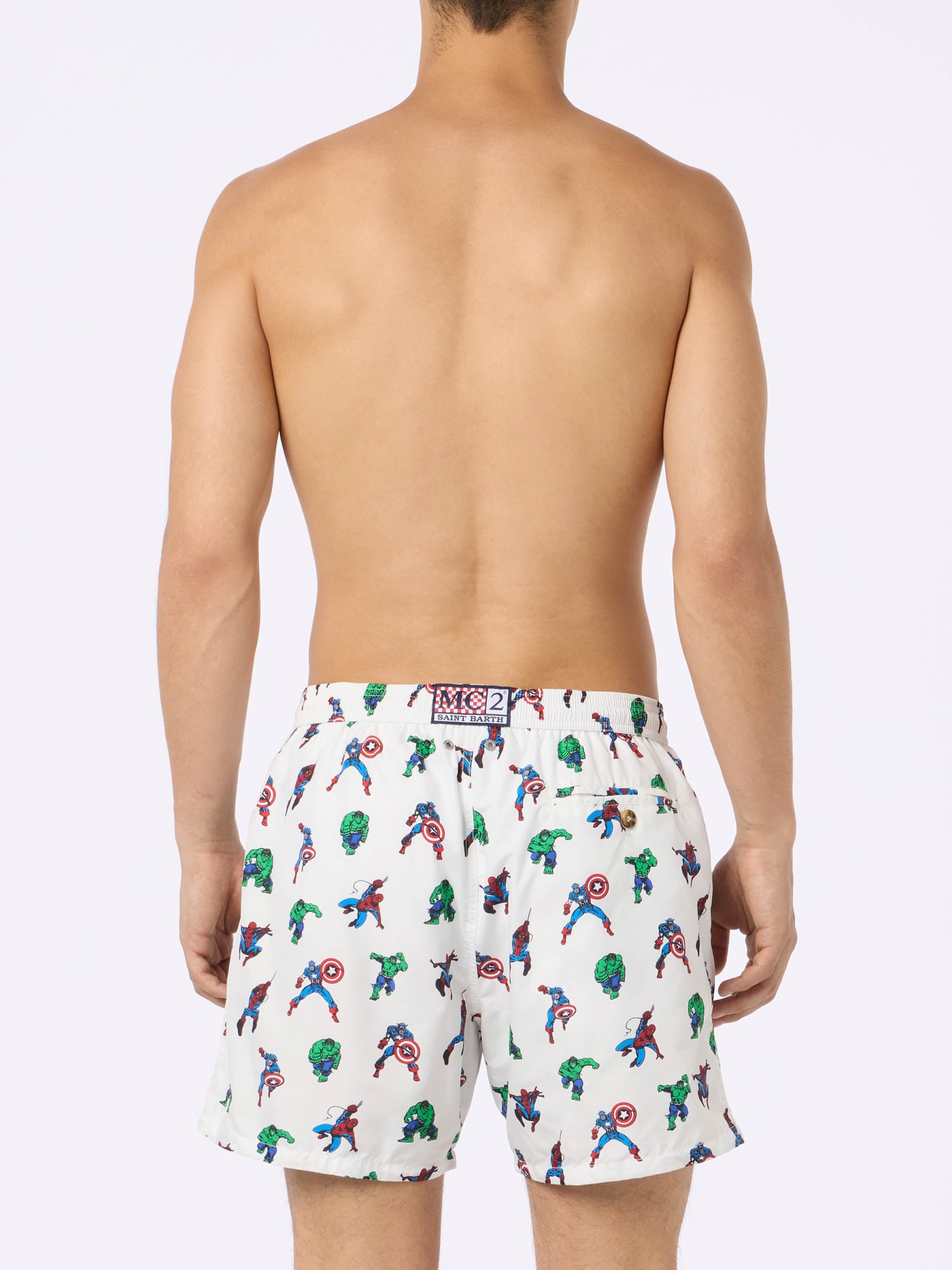 Shop Mc2 Saint Barth Man Lightweight Fabric Swim-shorts Lighting Micro Fantasy With Marvel Super Heroes Print Marvel Spec In White