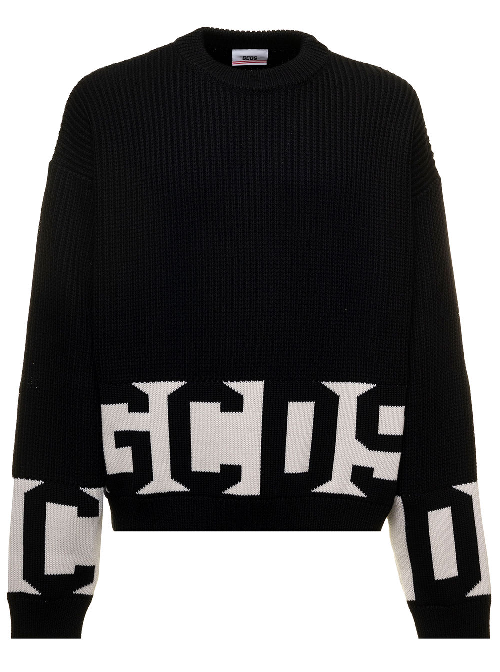 Black Sweater In Knit With Contrast Jacquard Logo To The Sleeves And Bottom Gcds Man Collar