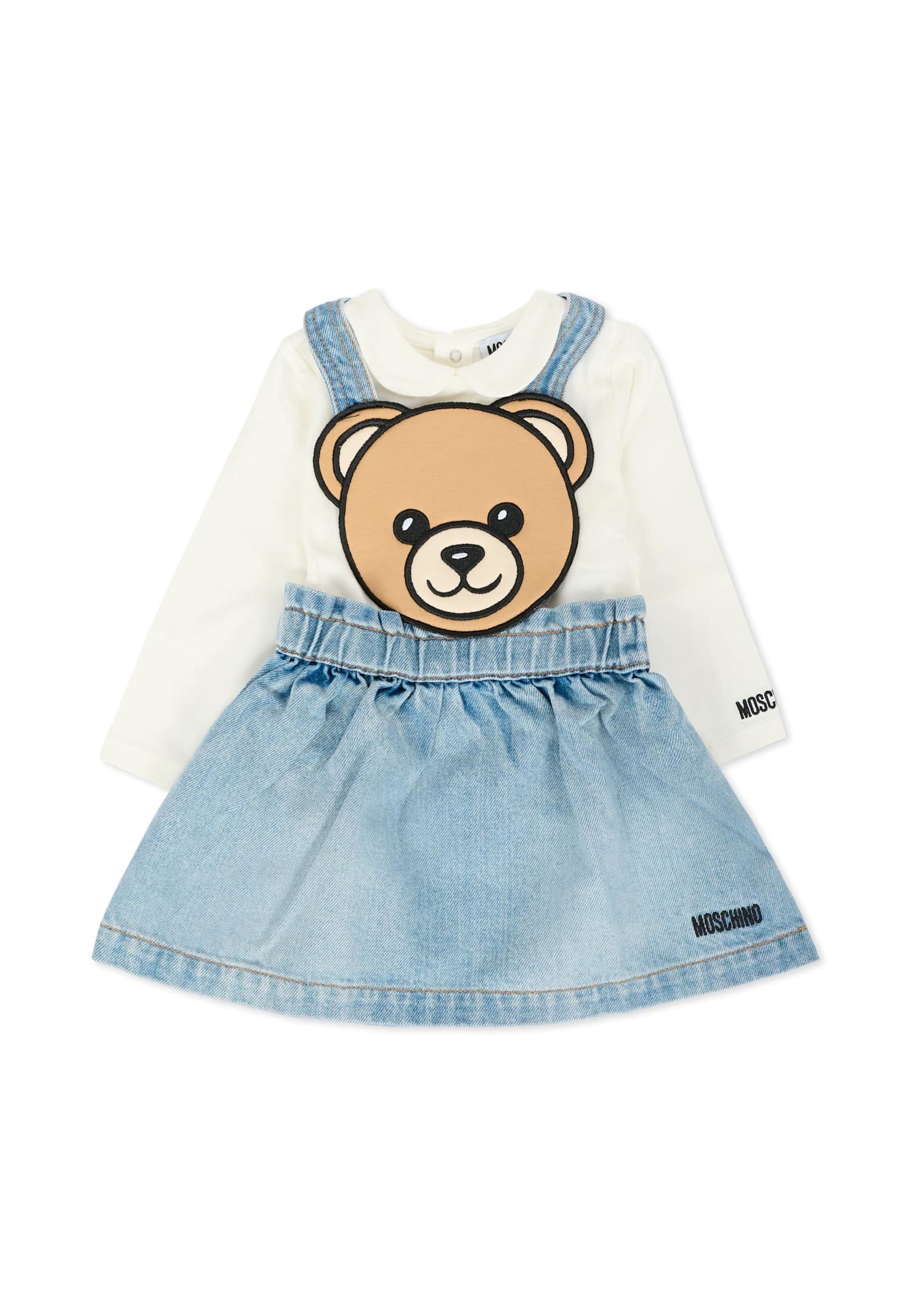 Moschino Denim Dungarees For Baby Girl With Teddy Bear In Blue