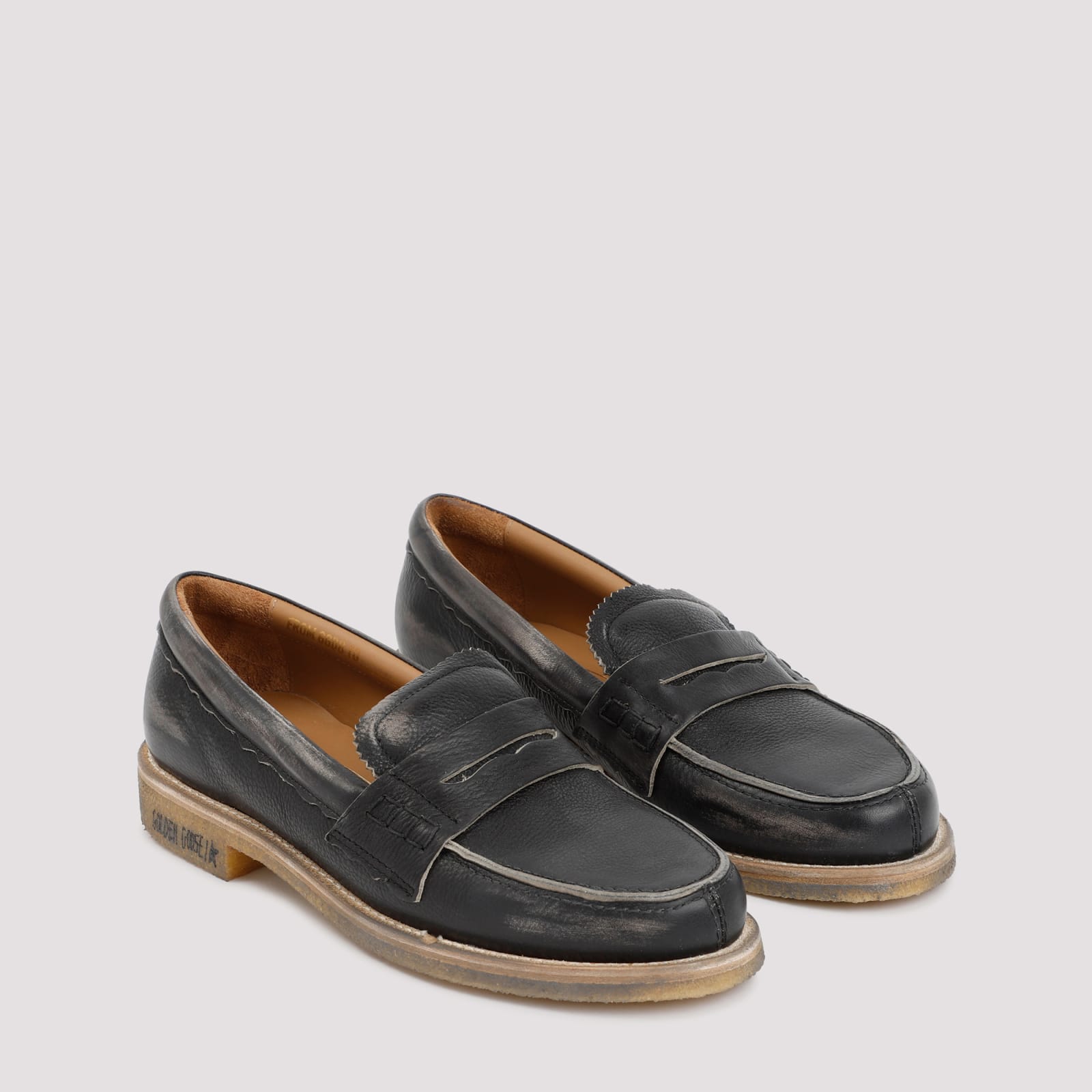 Golden Goose Black Leather Jerry Loafers With Distressed Finish In Black