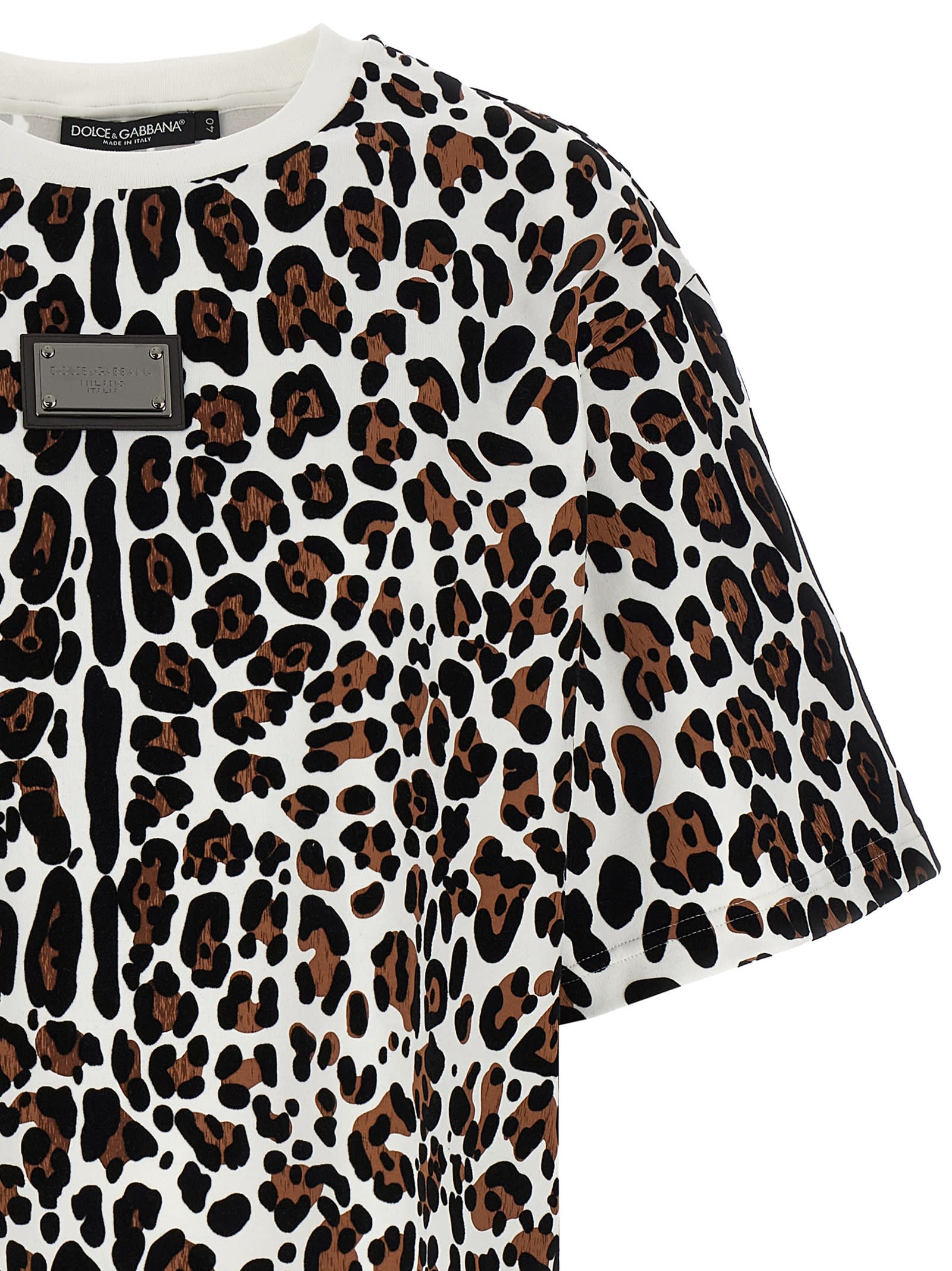 Dolce & Gabbana Crew Neck Flocked Cotton T-shirt With Animal Motif In Multicolor
