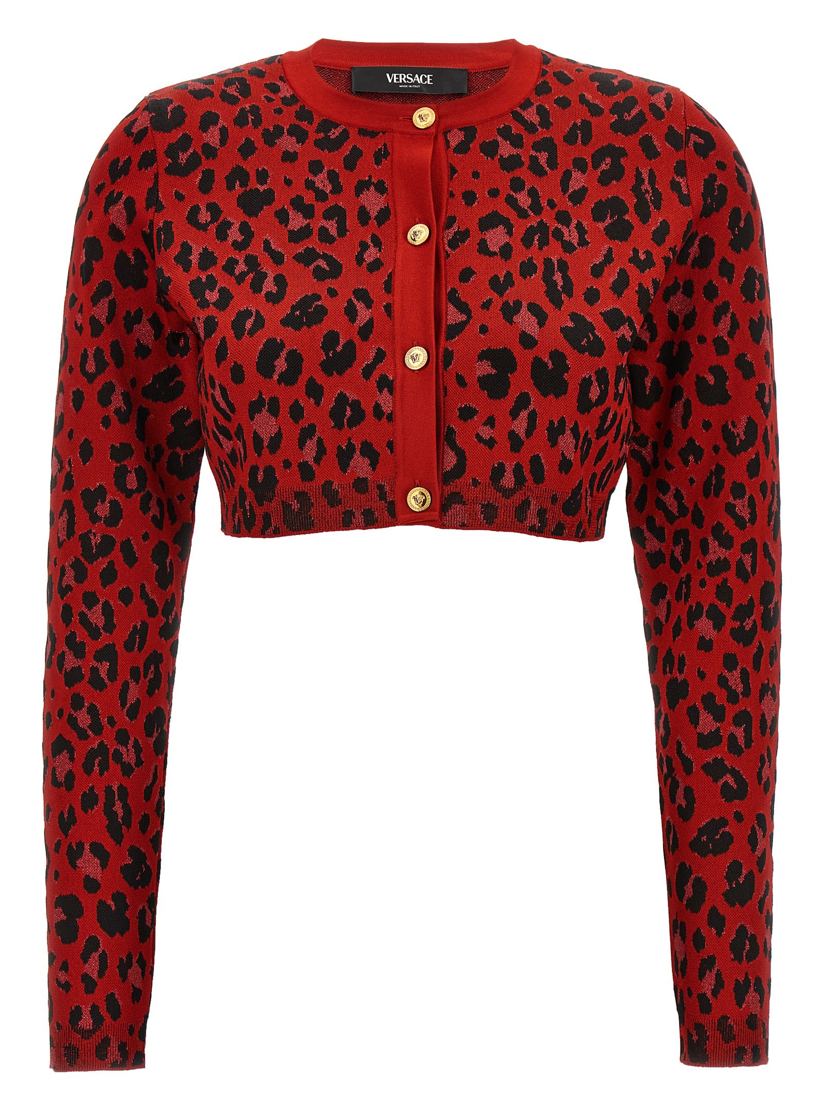 Shop Versace Animal Print Cropped Cardigan In Red