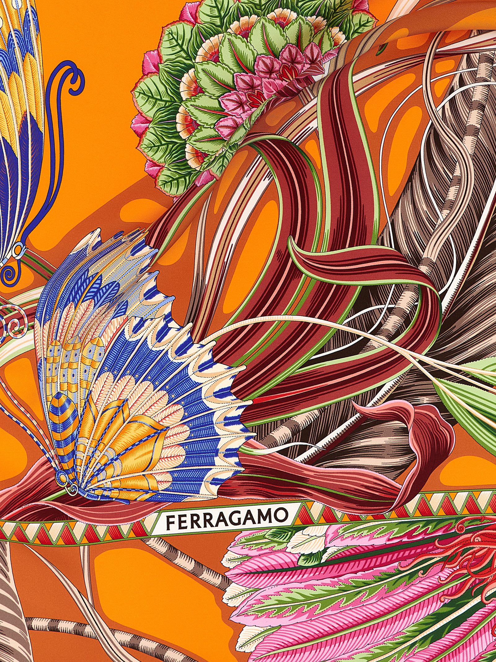 Ferragamo Border Butterfly Floral Intricate Vibrant Scarf In Brown